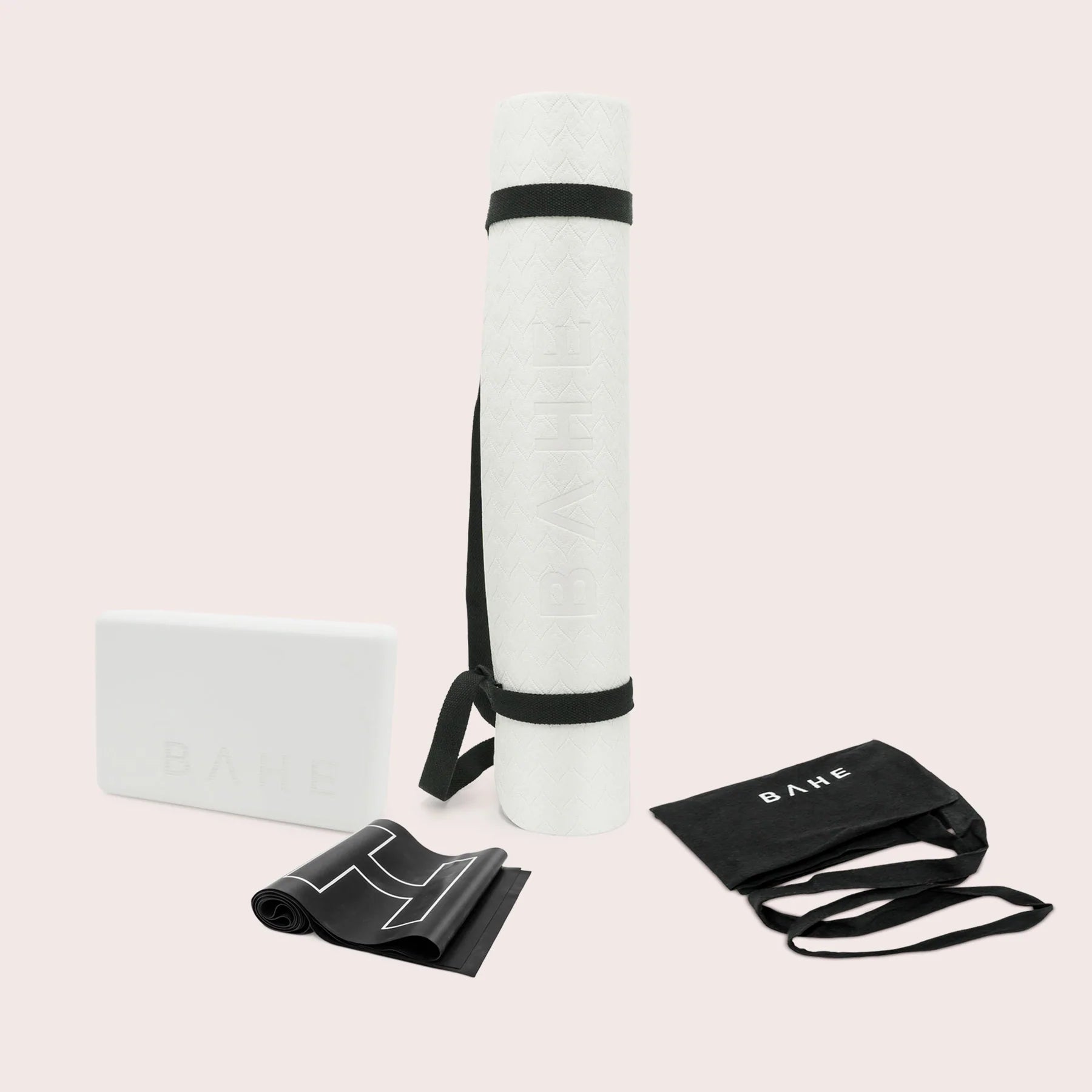BAHE Premium Yoga Essentials Set - 5mm Non-Slip Yoga Mat, Foam Block, Medium Resistance Band & Tote Bag (Black/White) for Home Workouts, Studio Practice & Outdoor Yoga Sessions
