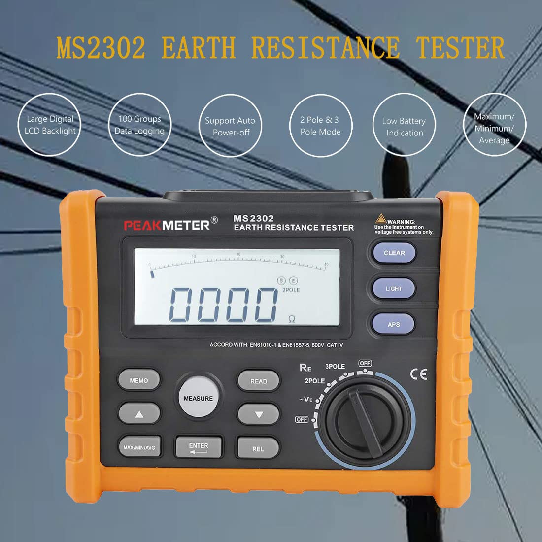 MS2302 Digital Earth Ground Resistance Tester - 2 Pole & 3 Pole Mode, High Precision 0-4000 Ohm Insulation Tester for Electrical Safety Testing | Perfect for Electricians, Engineers & DIY Home Electrical Projects