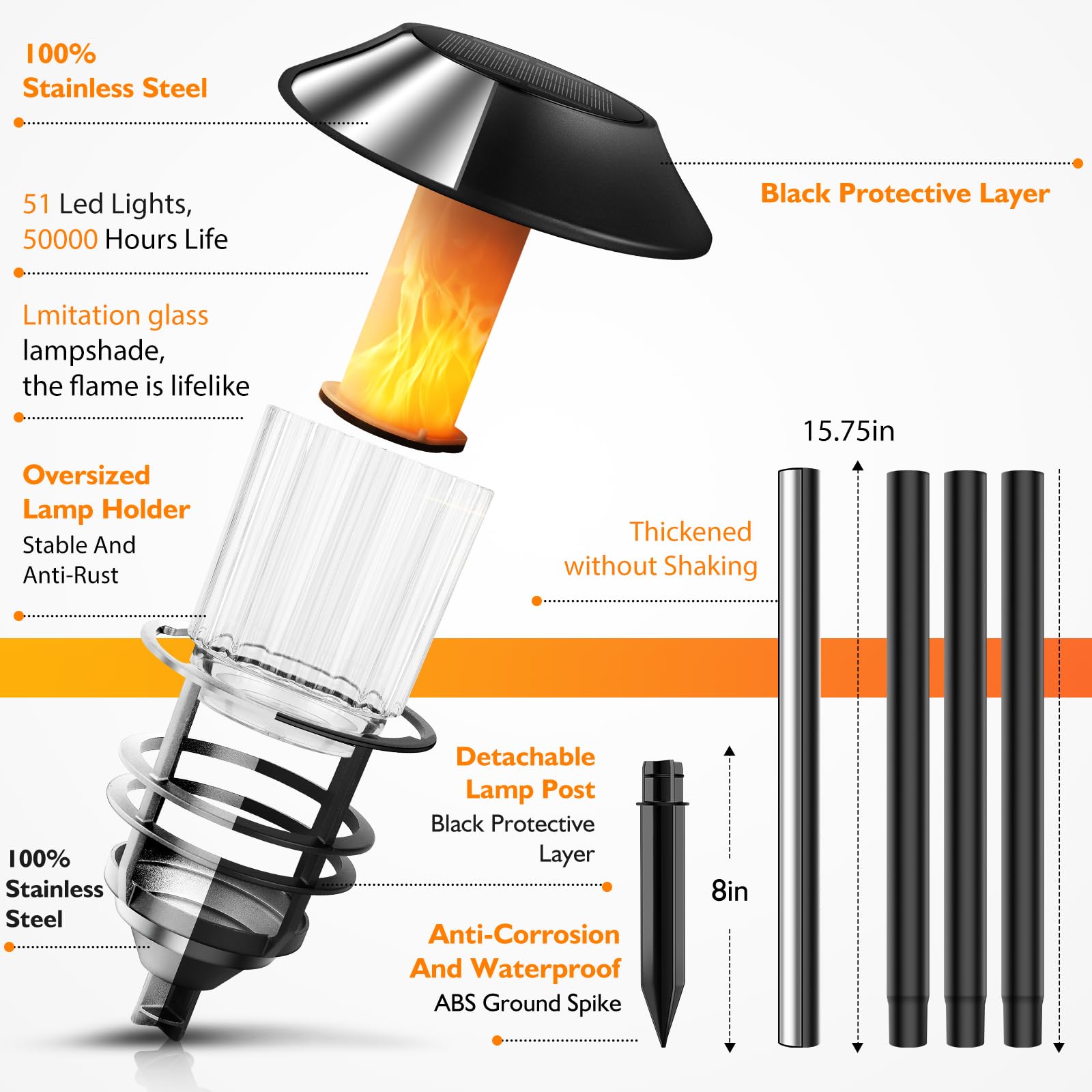ZOOHAR 4-Pack Extra-Tall Solar Torch Lights with Flickering Flame - Waterproof Stainless Steel Pathway Lighting for Garden, Yard & Outdoor Decor - Auto On/Off Solar Powered - Perfect for Patio, Walkway & Landscape Lighting