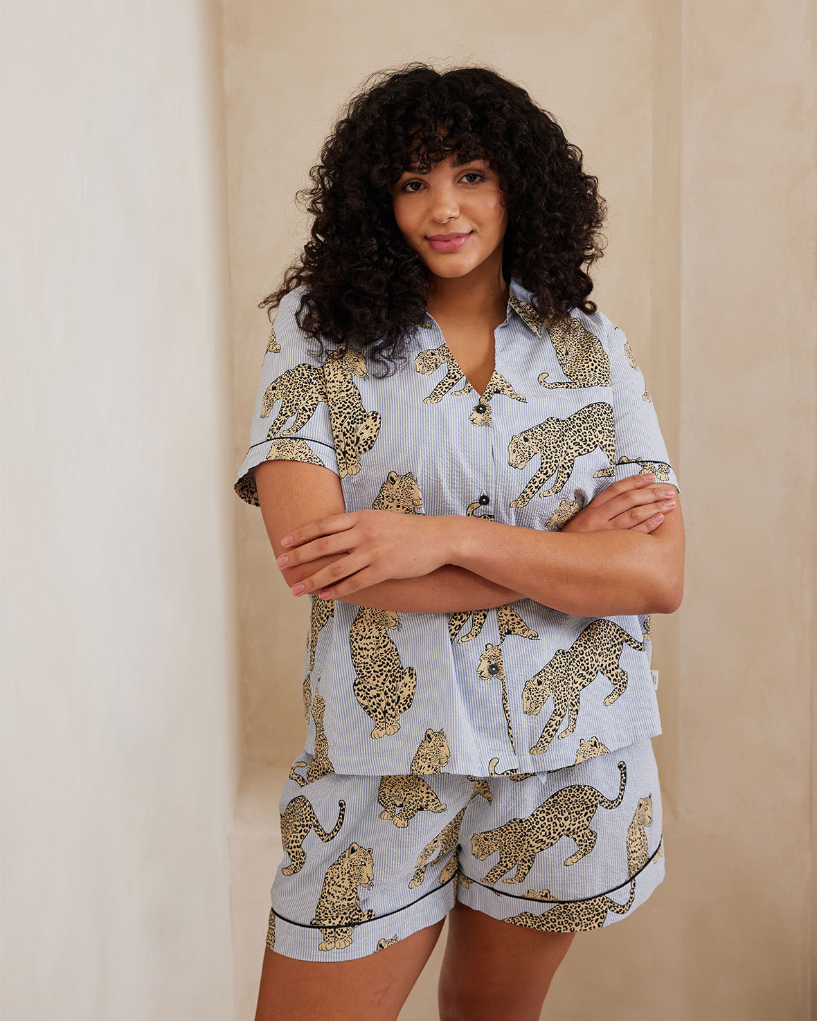 Seersucker Cotton Leopard Stripe Print Short Pajama Set for Women - Comfortable Summer Sleepwear & Lounge Wear for Hot Nights