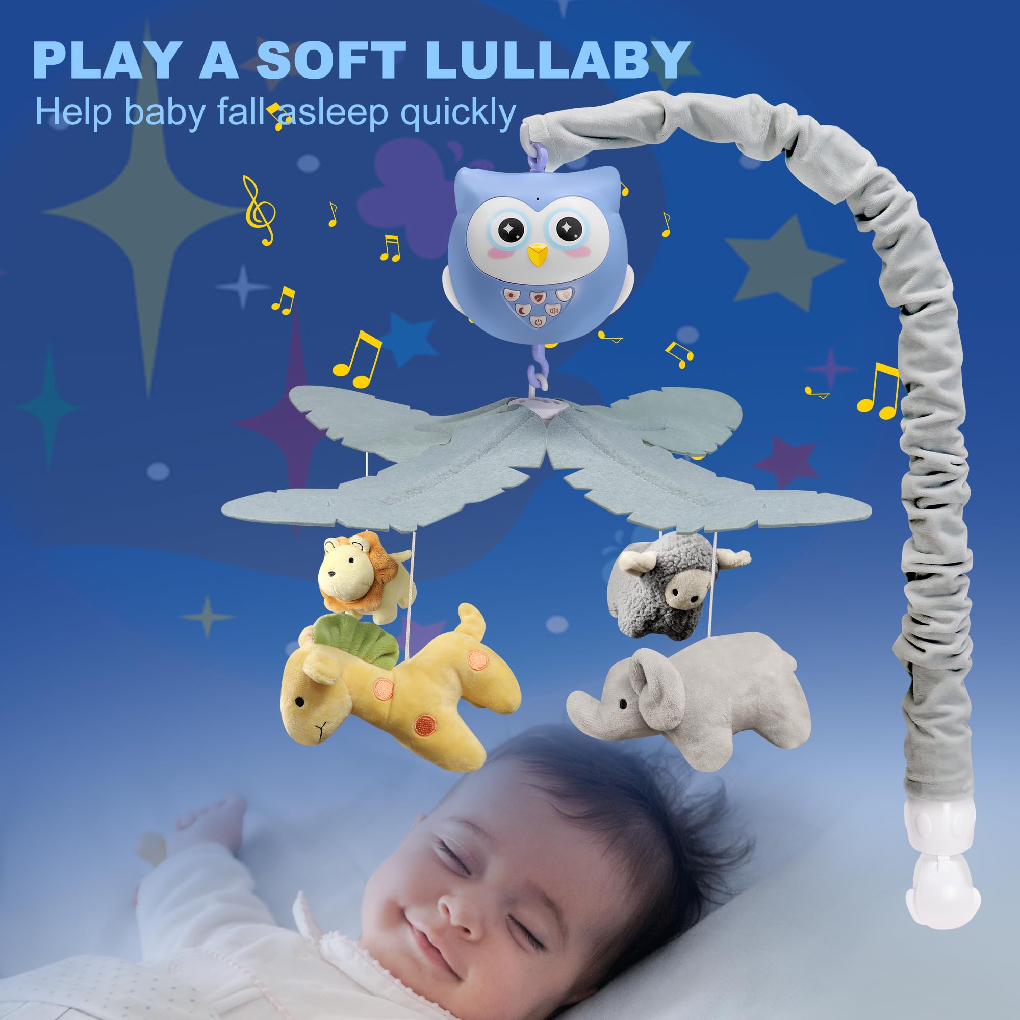 Baby Crib Mobile with Music & Lights - Musical Animal Mobile for Boys & Girls - Portable Hanging Crib Toy for Bassinet & Pack n Play - Perfect for Nursery Decor & Soothing Newborns to Sleep
