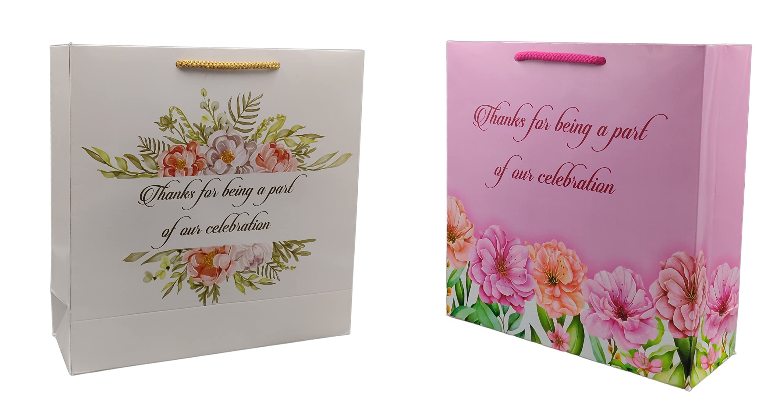 Eco-Friendly Printed Paper Gift Bags - Green & Pink Celebration Designs - 9x9x3 Inches - Pack of 100 - Perfect for Birthday Presents, Party Favors & Return Gifts - Ideal for Weddings, Baby Showers & Corporate Events
