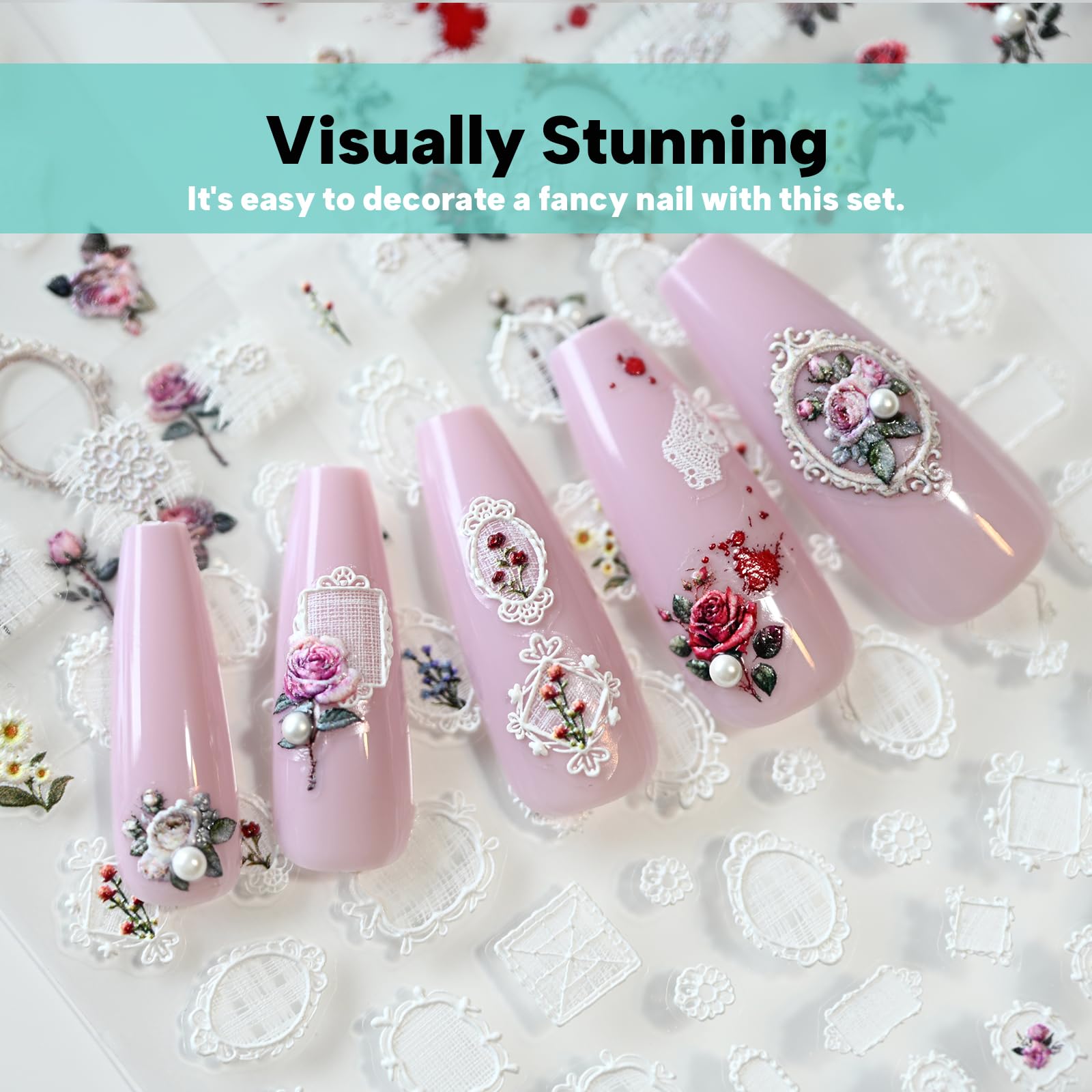 Vintage Rose Flower Nail Art Stickers with Pearl Rhinestones - Self-Adhesive Nail Decals for Women, 3 Sheets - Perfect for Bridal, Party & Special Occasion Nail Designs