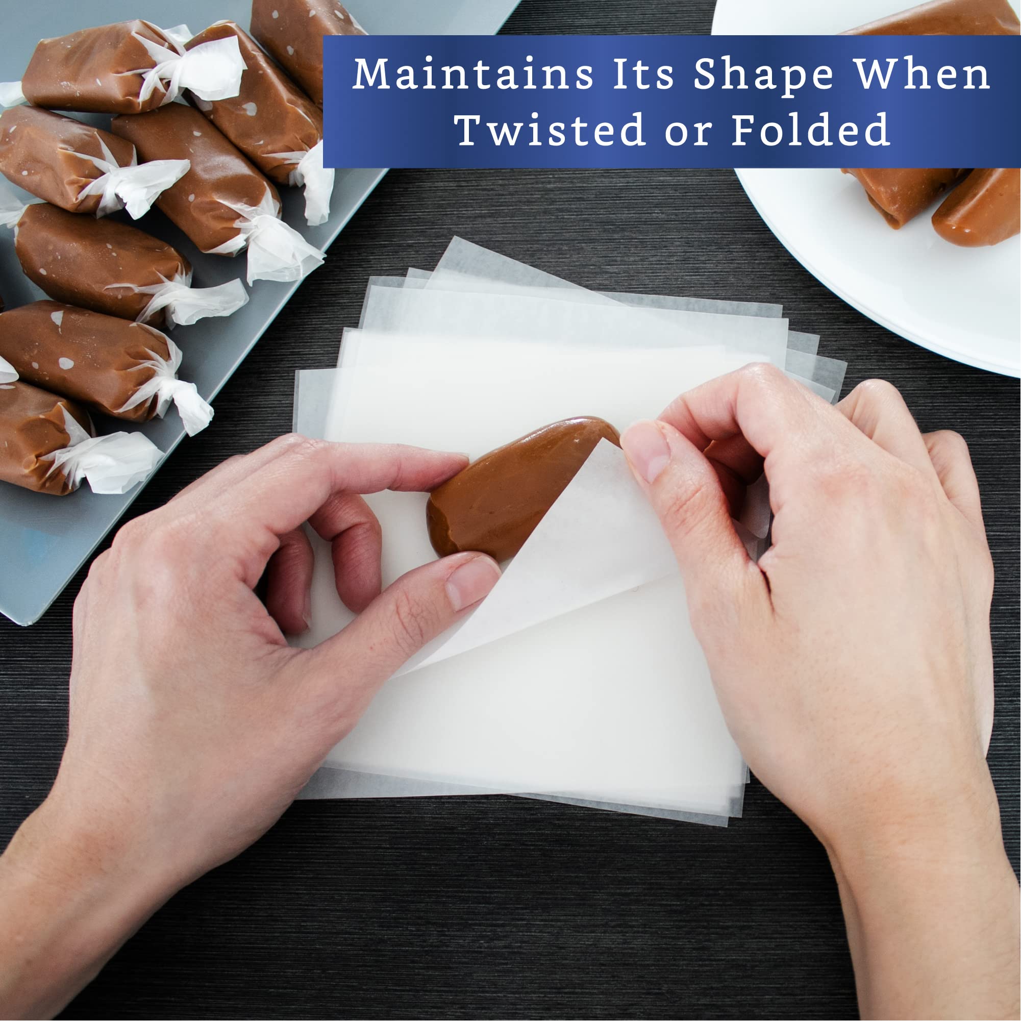 Non-Stick Wax Paper Candy Wrappers for Caramels & Taffy (300 Pcs 5x5 Inch) - Pre-Cut Parchment Paper Squares for Candy Making, Hamburger Patty Separation - Perfect for Home Baking, Candy Shops & Food Packaging
