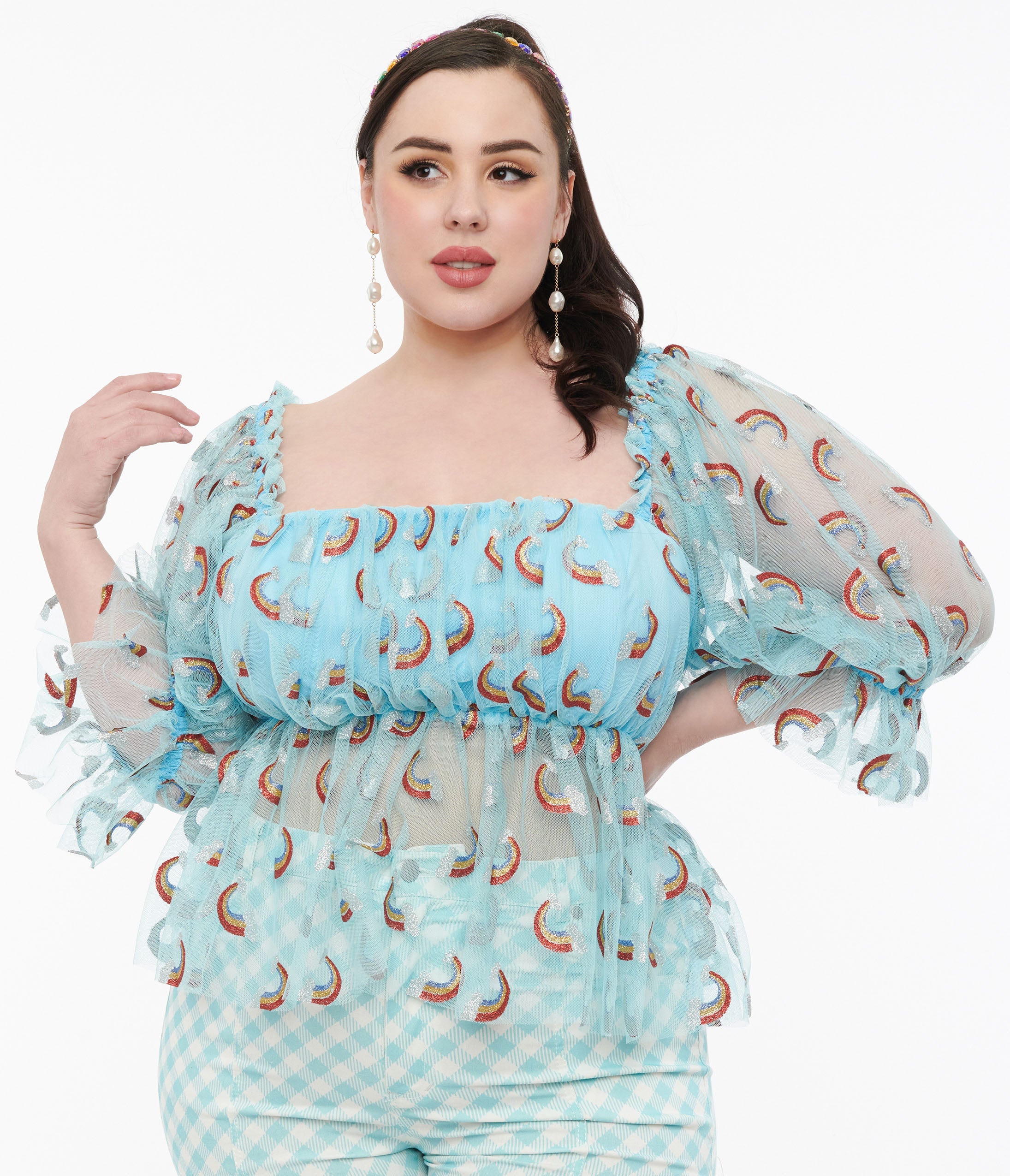 Smak Parlour Plus Size 1960s Vintage Sky Blue Glitter Rainbow Mesh Ruffle Babydoll Top | Retro Party Outfit & Festival Fashion