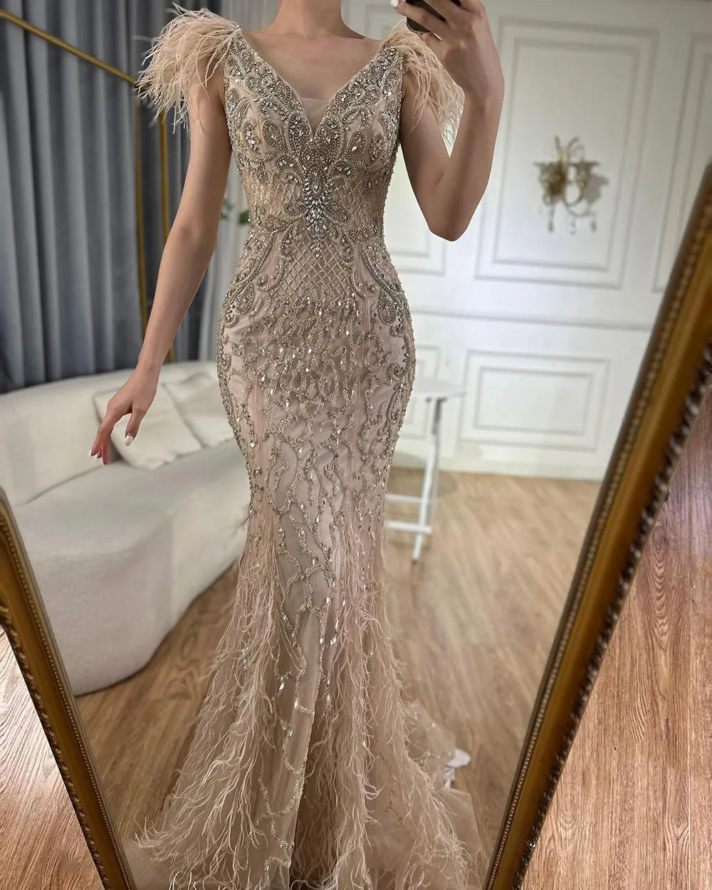 Elegant Champagne Mermaid Evening Dress with Diamond Feathers - Sleeveless Formal Beaded Gown for Women | Perfect for Prom, Wedding Guest & Black Tie Events - LA70350
