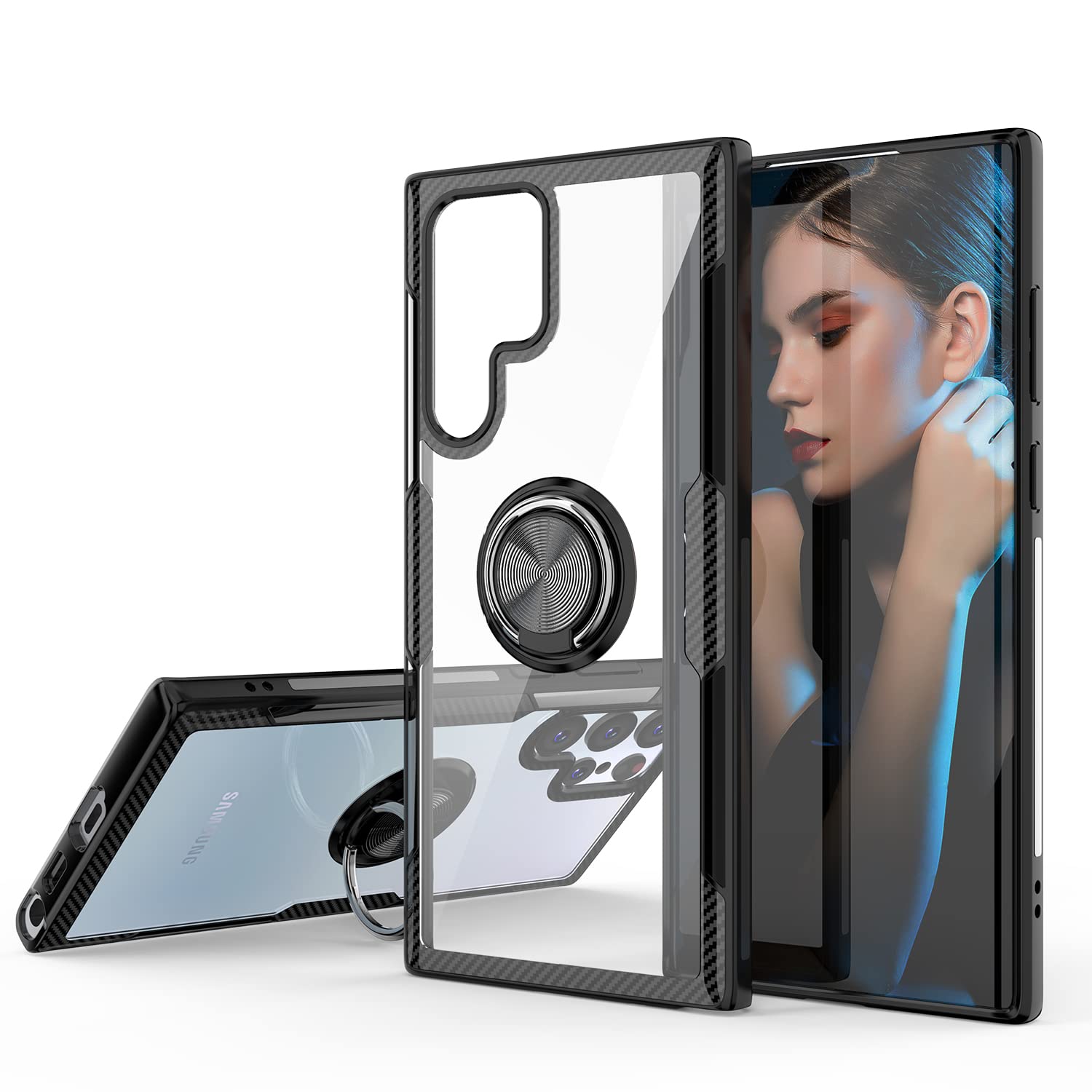 Premium Carbon Fiber Samsung Galaxy S22 Ultra Case - Crystal Clear Protective Cover with 360° Rotating Ring Kickstand & Magnetic Car Mount Compatibility (Black) - Perfect for Work, Travel & Everyday Protection