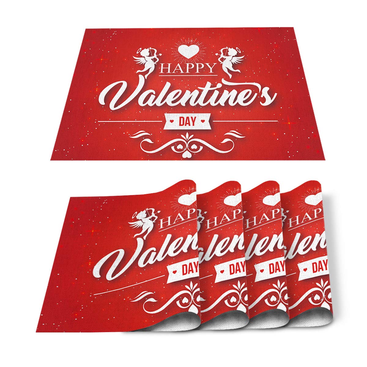 Bingigo 4-Pack Cotton Linen Placemats - Heat Resistant, Durable & Washable Table Mats for Kitchen Dining - Valentine's Day Cupid Arrow Heart Design in Red - Perfect for Romantic Dinners, Holiday Decor & Everyday Use