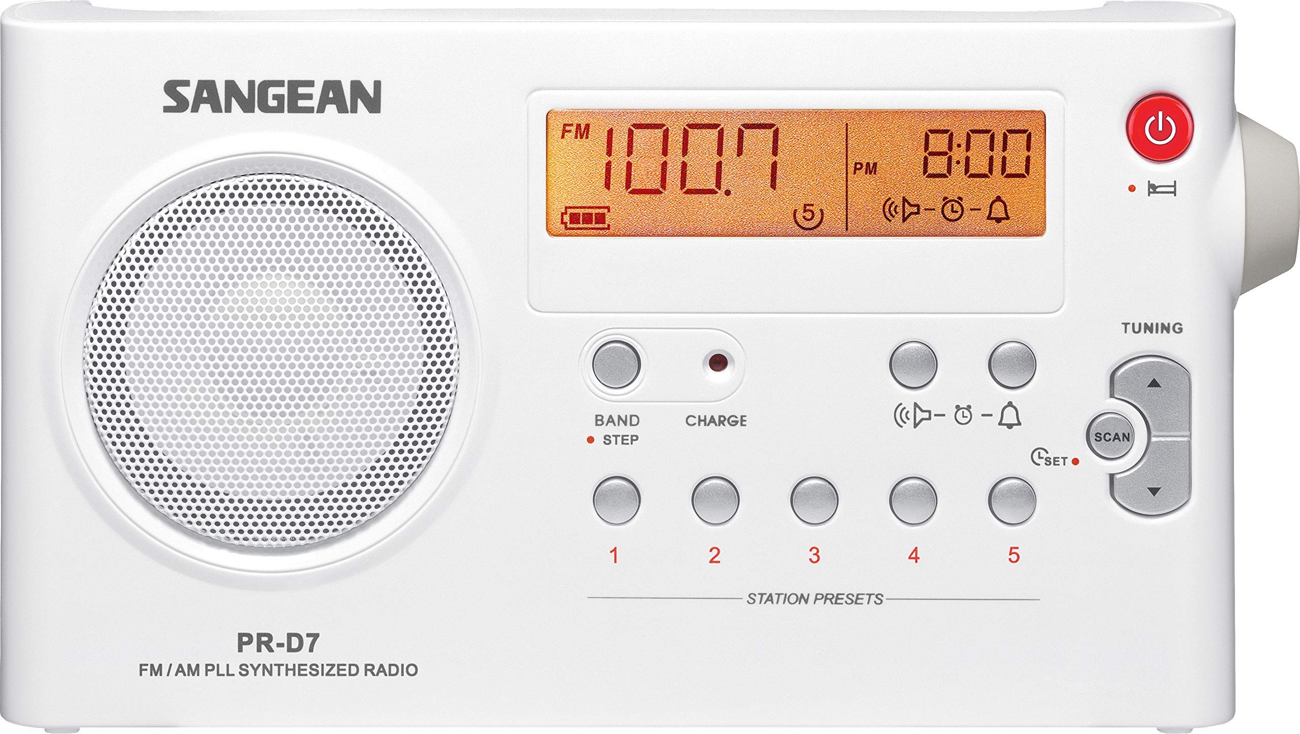 Sangean PR-D7 AM/FM Digital Rechargeable Portable Radio - White | Compact & Lightweight for Outdoor, Emergency, Home Use | Weatherproof & Long Battery Life
