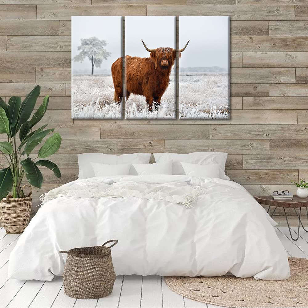 Scottish Highland Cattle Winter Landscape Canvas Wall Art - 3 Panel Framed Highland Cow Painting for Living Room Decor, 60x40 Inches, Ready to Hang - Perfect for Farmhouse, Rustic & Country Style Home Interiors
