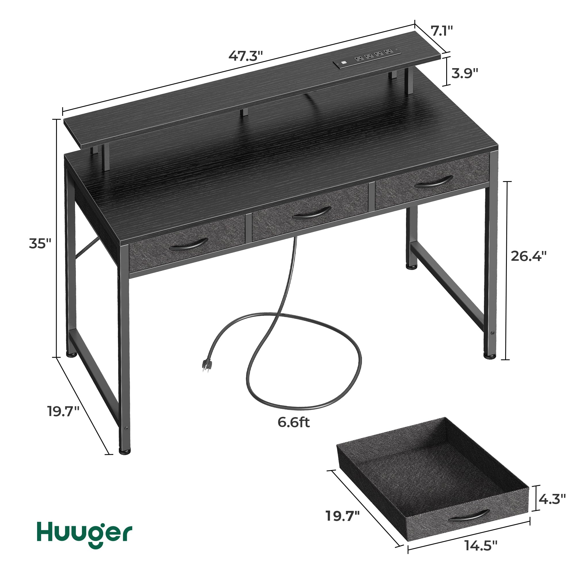 47 Inch Black Computer Desk with 3 Drawers & LED Lights - Home Office Desk with Power Outlets & Storage Space - Perfect for Gaming, Work from Home & Bedroom Study