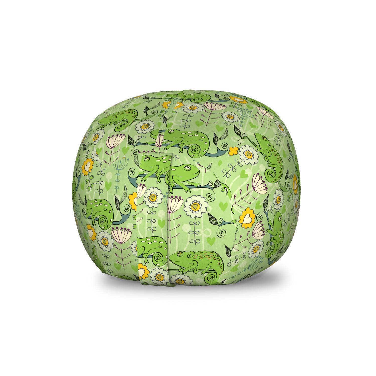 Ambesonne Floral Toy Storage Bag Chair - Chameleon & Hearts Design on Pale Background, Washable Stuffed Animal Organizer, Small Size in Mustard Cream Green - Perfect for Kids' Room Organization & Playroom Decor