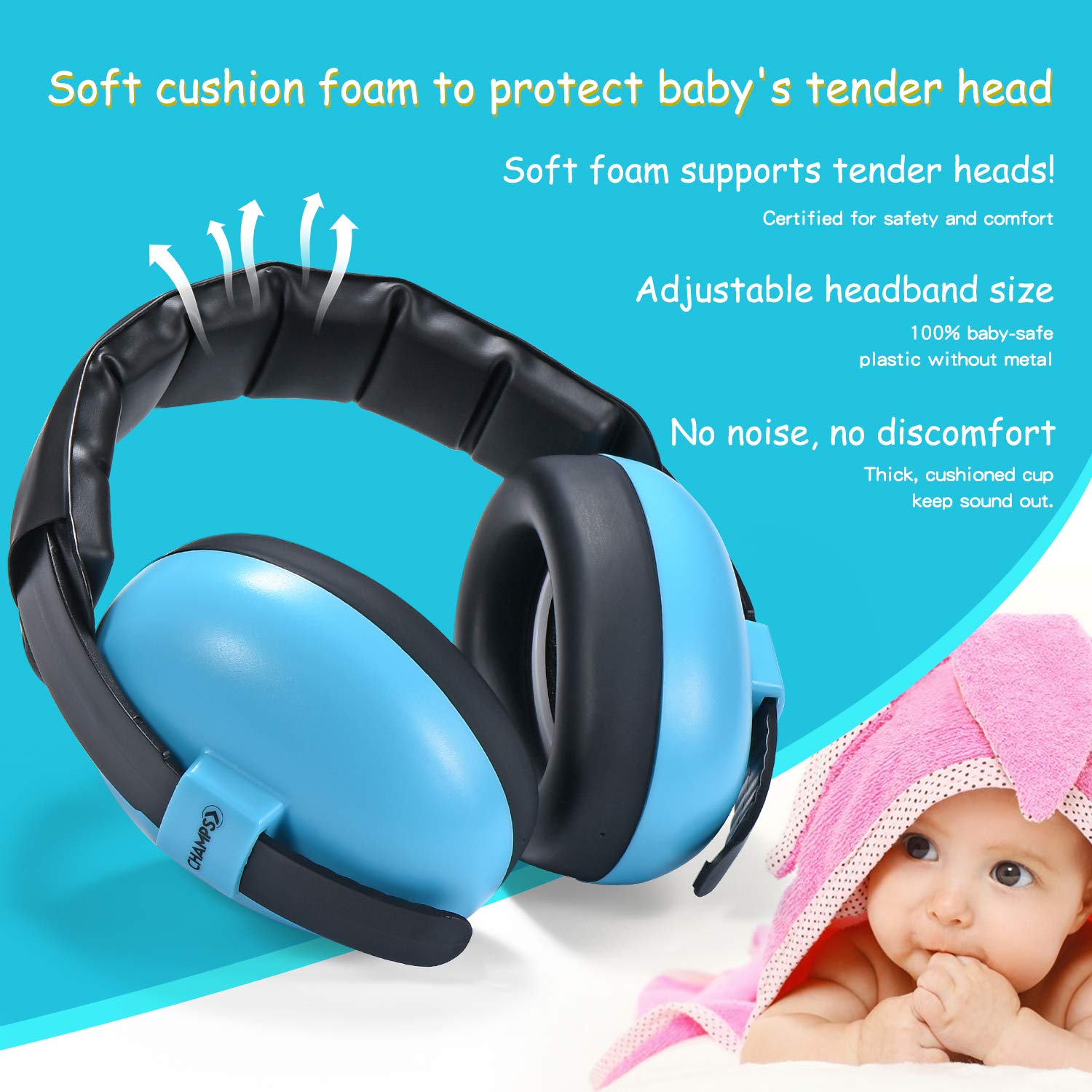 CHAMPS Baby Ear Muffs for Noise Protection - Soft Infant Headphones for Sleeping, Travel & Loud Events - Hearing Protection for Babies 0-24 Months