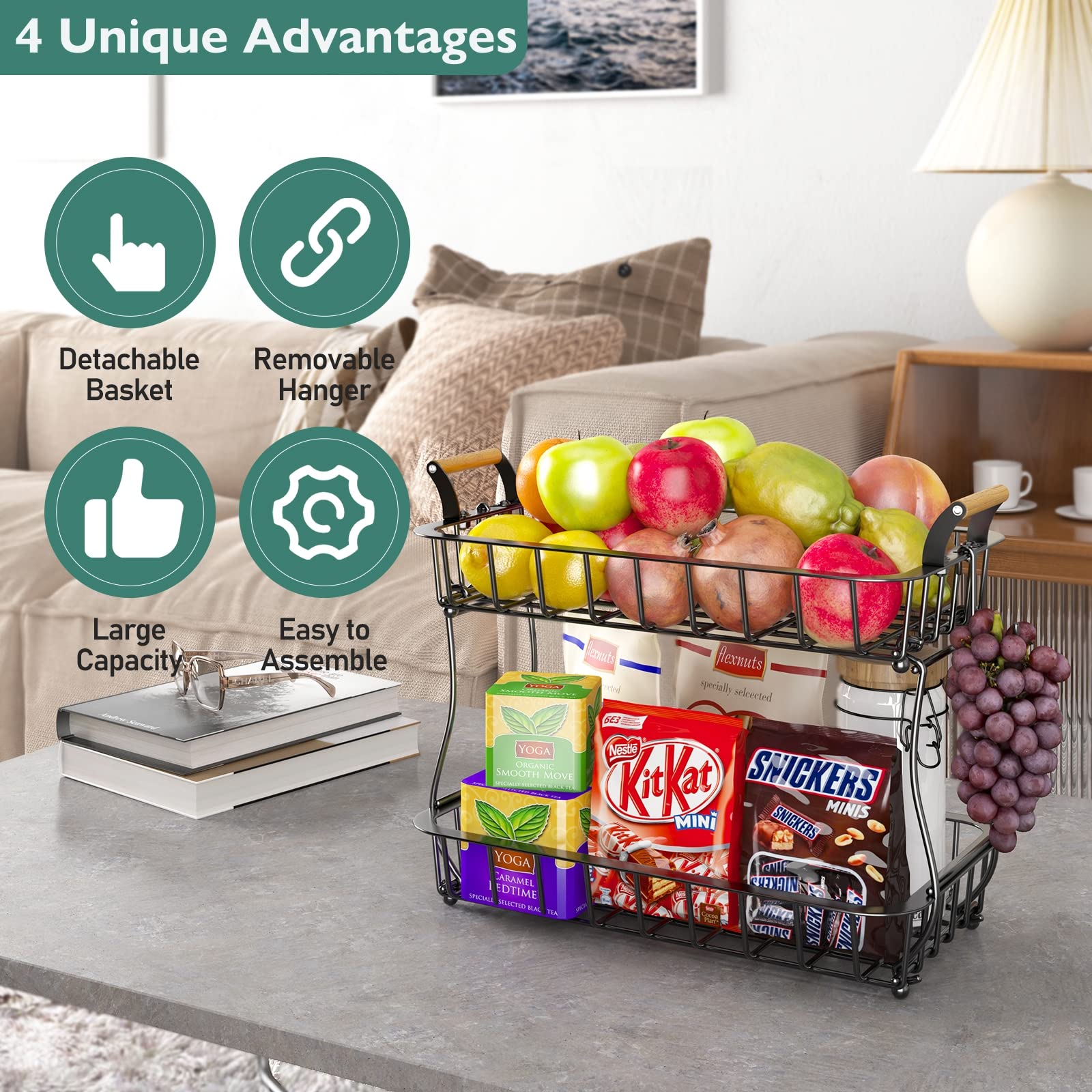 2-Tier Countertop Fruit Basket Bowl Storage with Two Banana Hangers and Wooden Handles - Black | Space-Saving Kitchen Organizer for Fruits, Vegetables & Snacks | Perfect for Countertop, Pantry or Dining Table Display