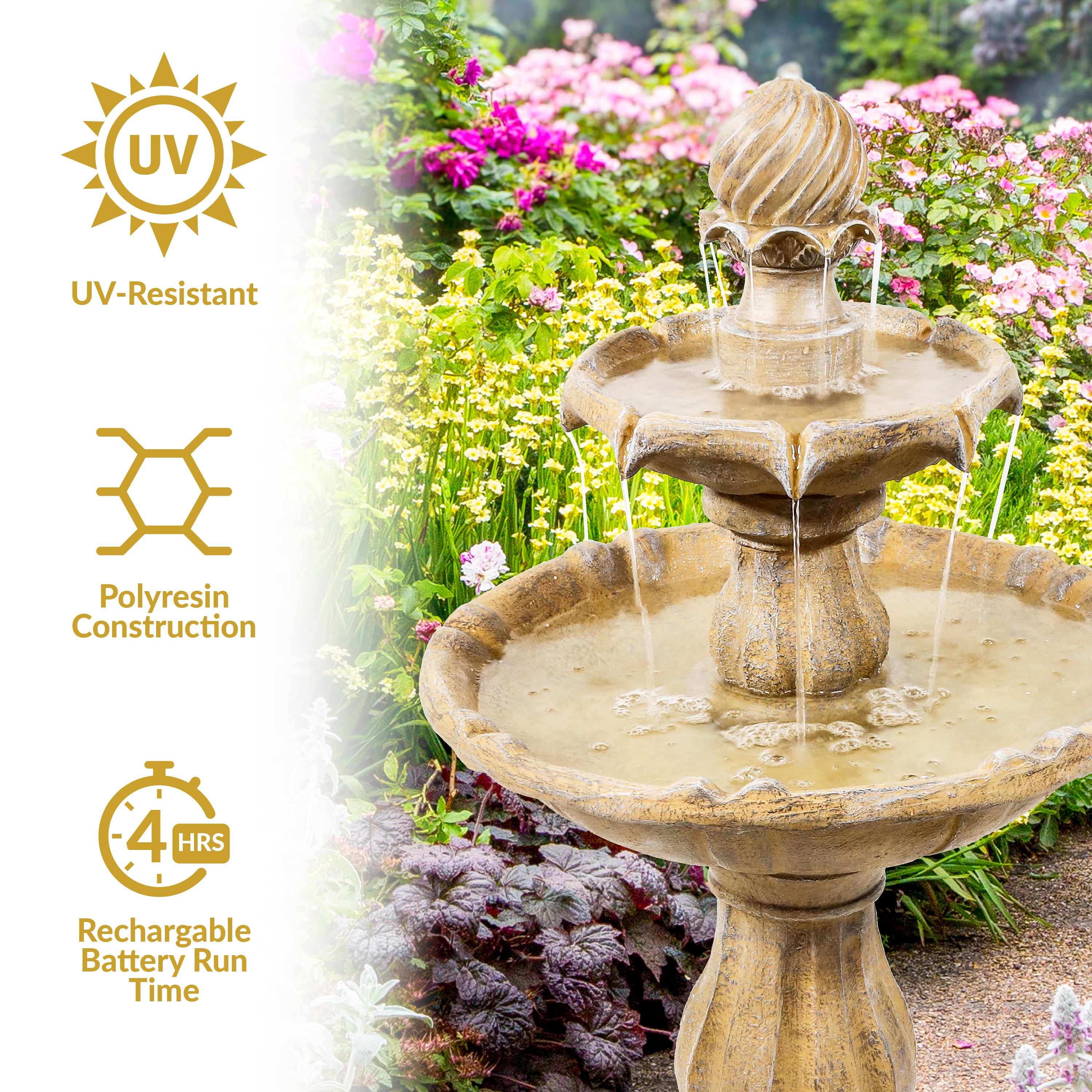 Sunnydaze 2-Tier Solar Powered Outdoor Water Fountain with Battery Backup - Perfect for Garden, Patio, and Backyard Decor