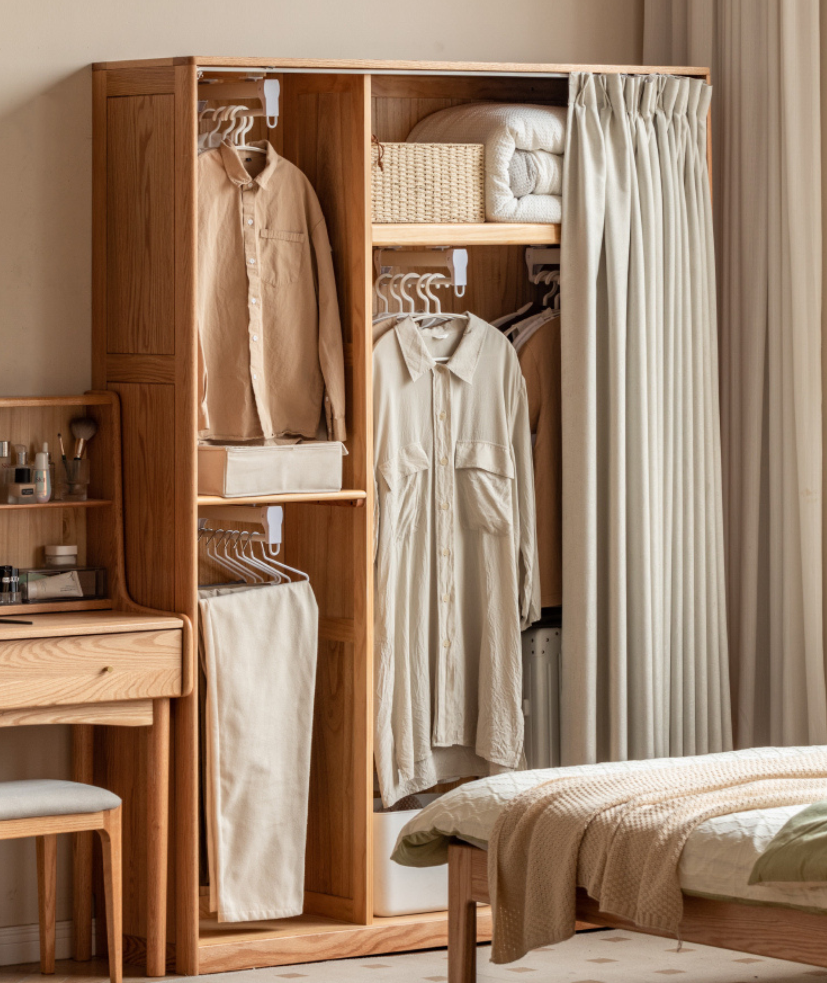 Solid Oak Wood Wardrobe with Thin Fabric Curtain - Stylish Closet Organizer for Bedroom, Living Room & Dorm Storage