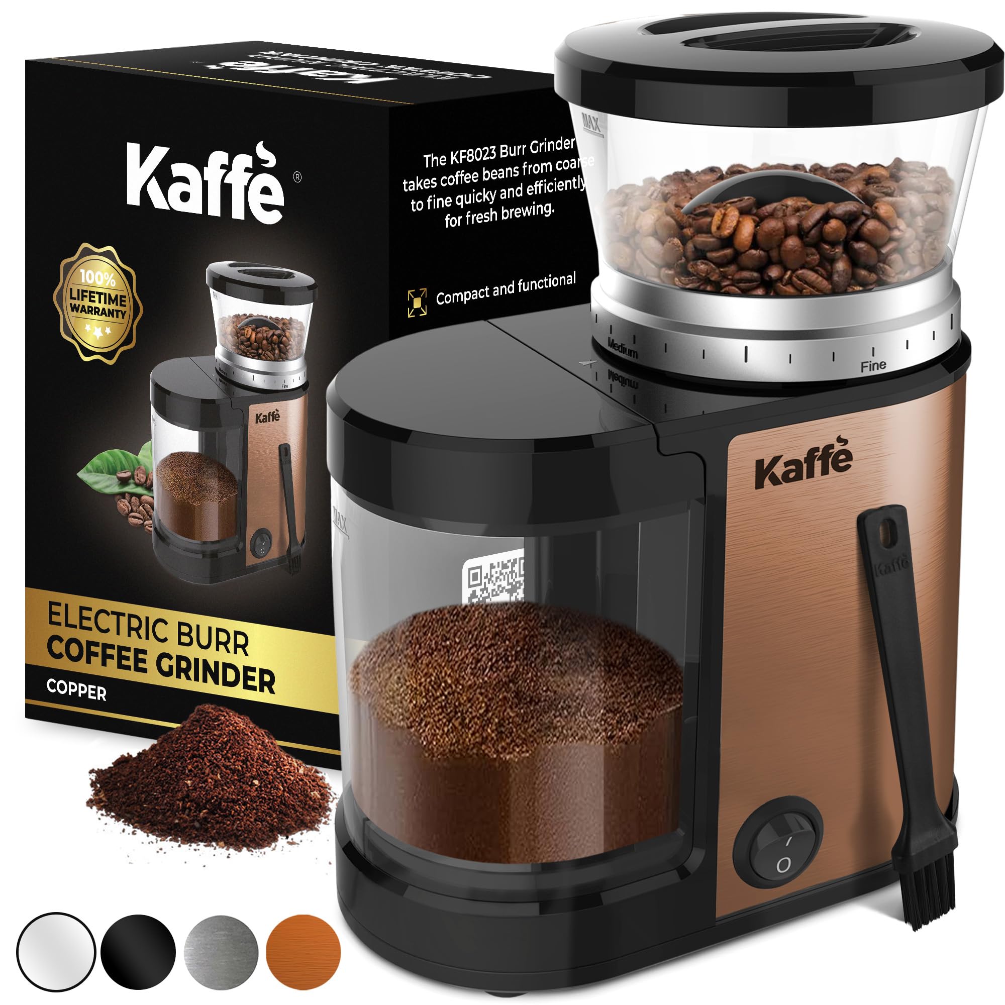 Premium Kaffe Electric Burr Coffee Grinder - 5.5oz Capacity with Adjustable Coarseness Settings - Flat Burr Design & Upgraded Motor - Perfect for Espresso, French Press & Drip Coffee - Ideal Home Coffee Bean Grinder in Copper Finish