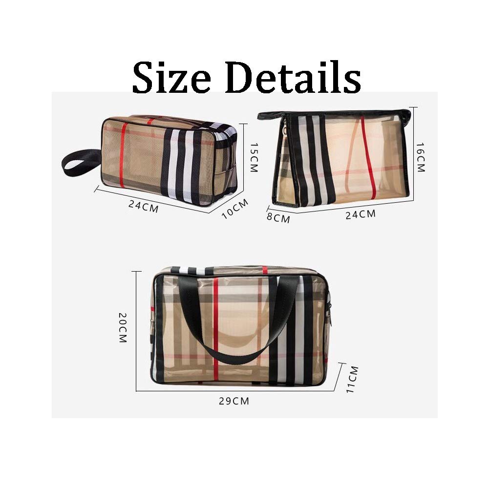 Waterproof PVC Stripe Cosmetic Bag with Zipper - Large Capacity Makeup Organizer for Women | Travel, Bathroom & Gym Storage | Portable Mesh Toiletry Bag (Khaki)