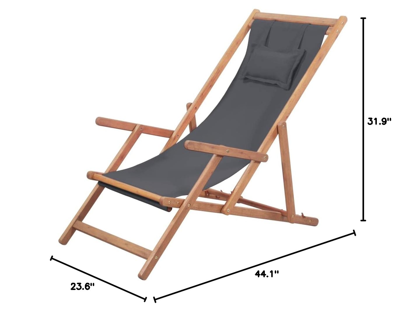 SKM Folding Beach Chair - Portable Wooden Frame with Gray Fabric - Lightweight & Compact for Outdoor, Camping, Picnics & Beach Relaxation