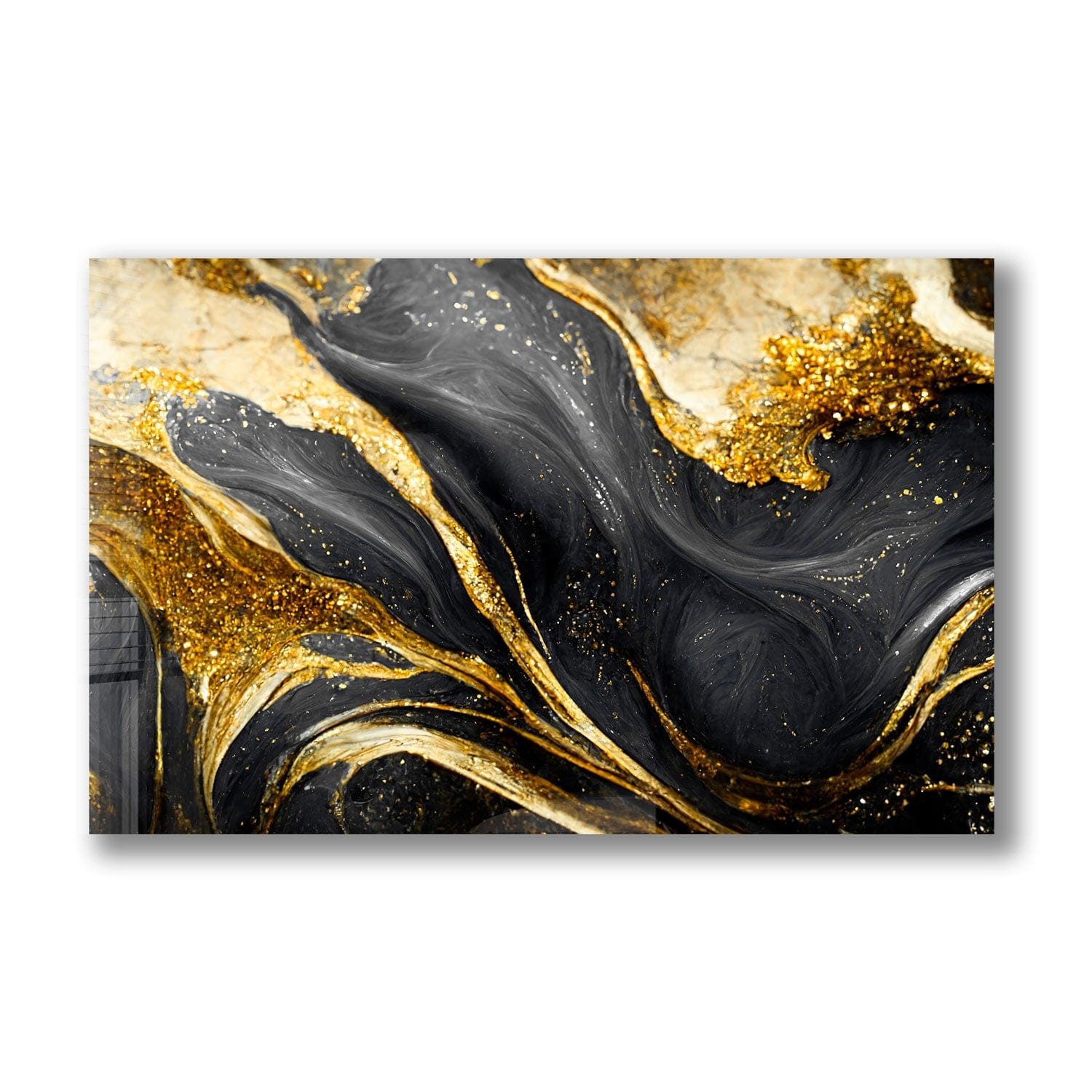 Golden Black Flower Tempered Glass Wall Art - Elegant Home Decor for Living Room, Bedroom & Office | Shatterproof & Stylish