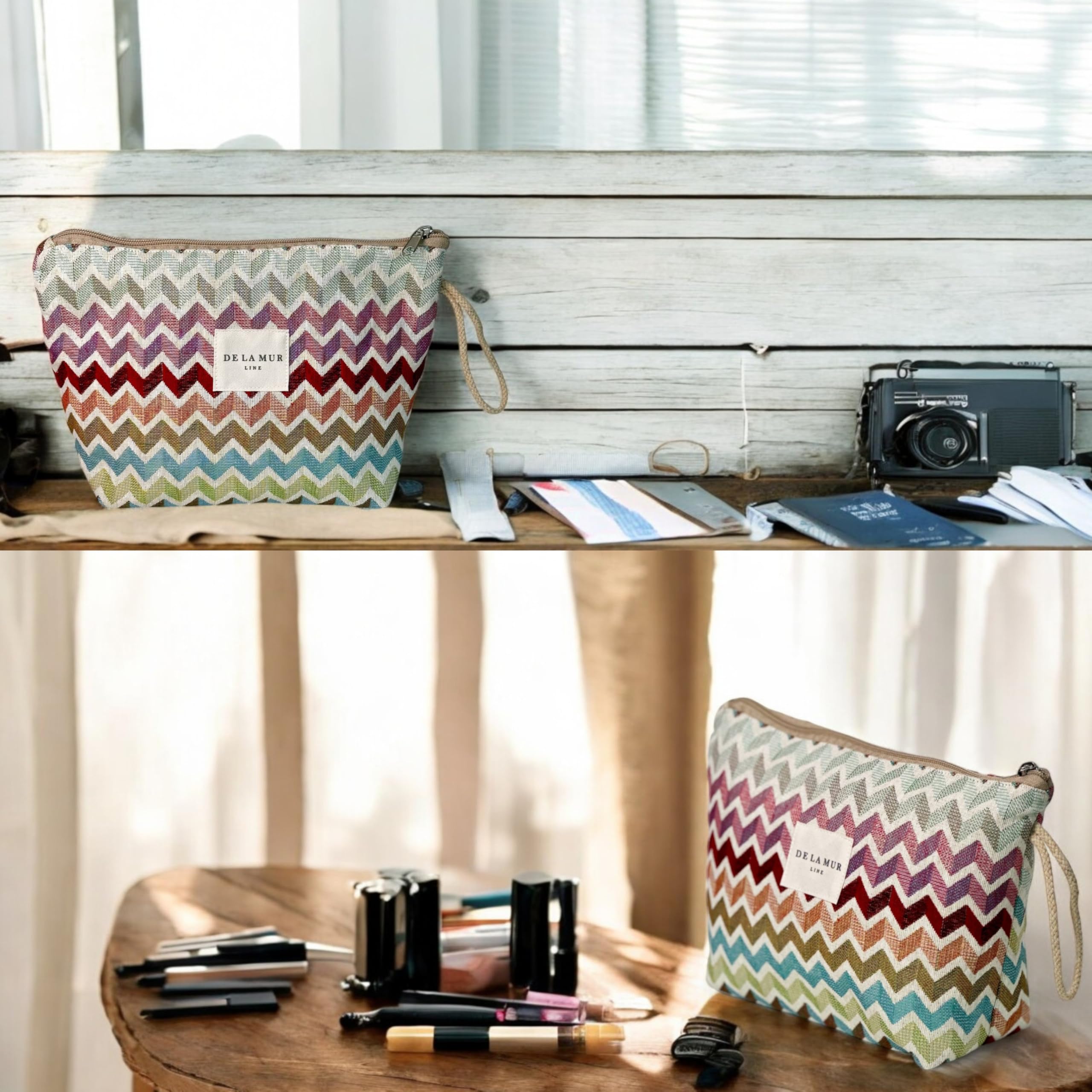 Large Chevron Travel Makeup Bag for Women - Stylish Spacious Cosmetic Organizer & Durable Toiletry Bag | Perfect for Travel, Skincare & Daily Essentials | Made in Barcelona Spain | Ideal for Vacations, Gym & Weekend Getaways