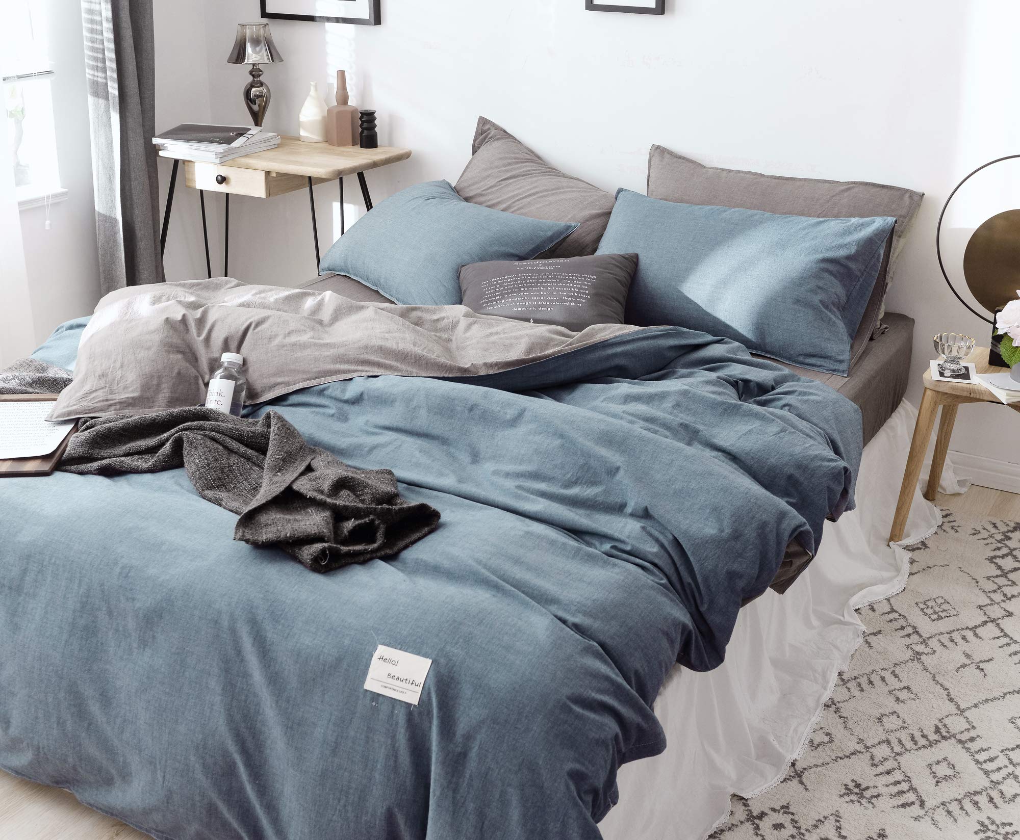 Premium 100% Cotton 200 Thread Count Duvet Cover Set - Navy Blue & Grey California King Size with 2 Pillowcases | Moon's Sleepwares Herse Series | Soft Breathable Bedding for Luxurious Hotel-Style Sleep