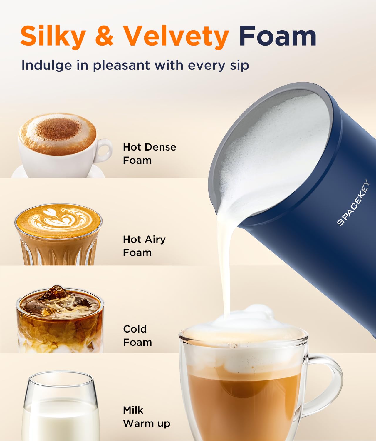 Spacekey 4-in-1 Electric Milk Frother & Steamer - Auto Shut-off, Quiet Mode, Temperature Control for Hot & Cold Foam - Perfect for Coffee, Latte, Cappuccino, Macchiato - Ideal for Home Kitchen, Office & Coffee Shops