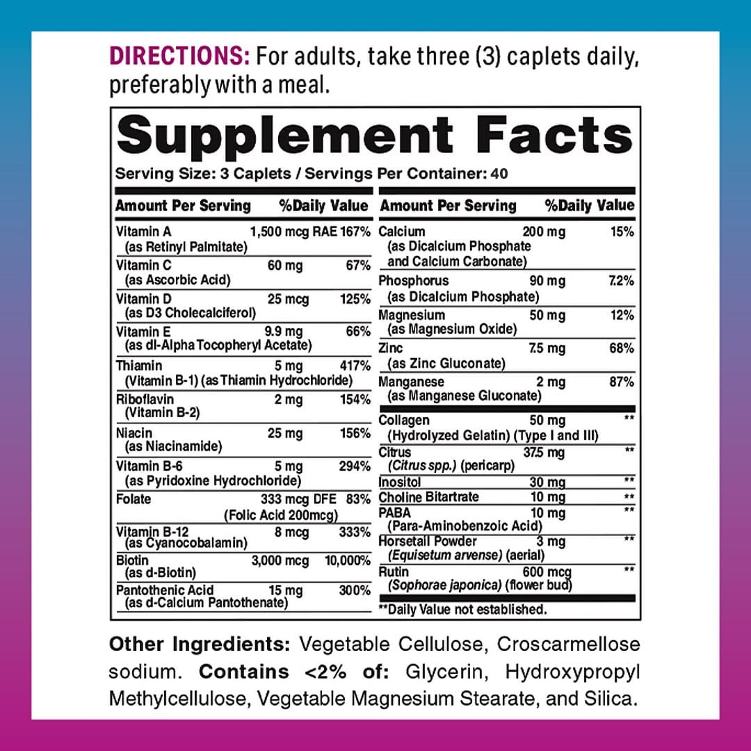 Vitamin World Hair, Skin & Nails Supplement with Biotin & Collagen - 120 Caplets for Stronger Hair Growth, Healthy Skin & Nail Care - Gluten Free Formula for Women & Men - Perfect for Daily Beauty Routine & Anti-Aging Support