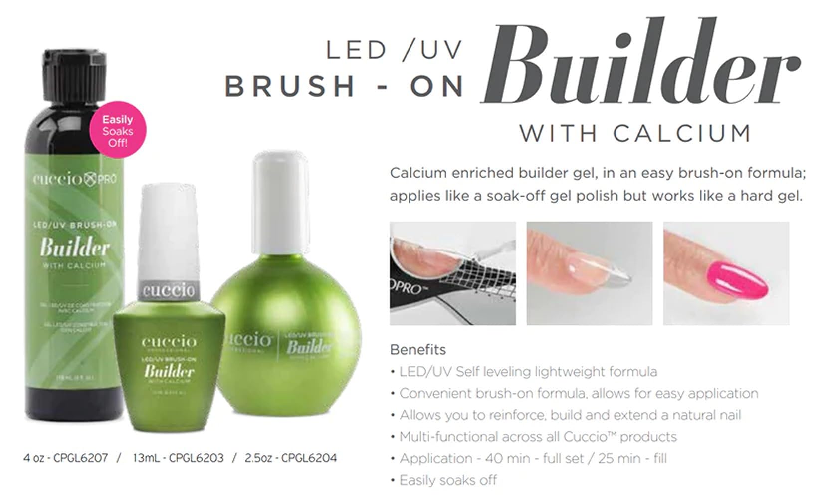 Uccio Pro Brush-On Builder Gel with Calcium – LED & UV Self-Leveling Nail Gel – Strong Soak-Off Hard Gel for Salon & Home Use – Chip-Resistant Clear Finish – 16 oz – Perfect for Nail Extensions, Overlays & Strengthening Weak Nails