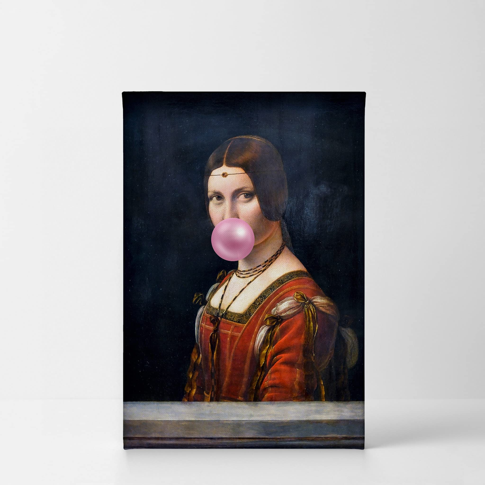 Leonardo Da Vinci's La Belle Ferronnière Pink Bubble Gum Art Canvas Print - Famous Painting Wall Art, Classic Home Decor, Stretched & Ready to Hang (36x24) - Perfect for Living Room, Bedroom & Office Decor | Made in USA