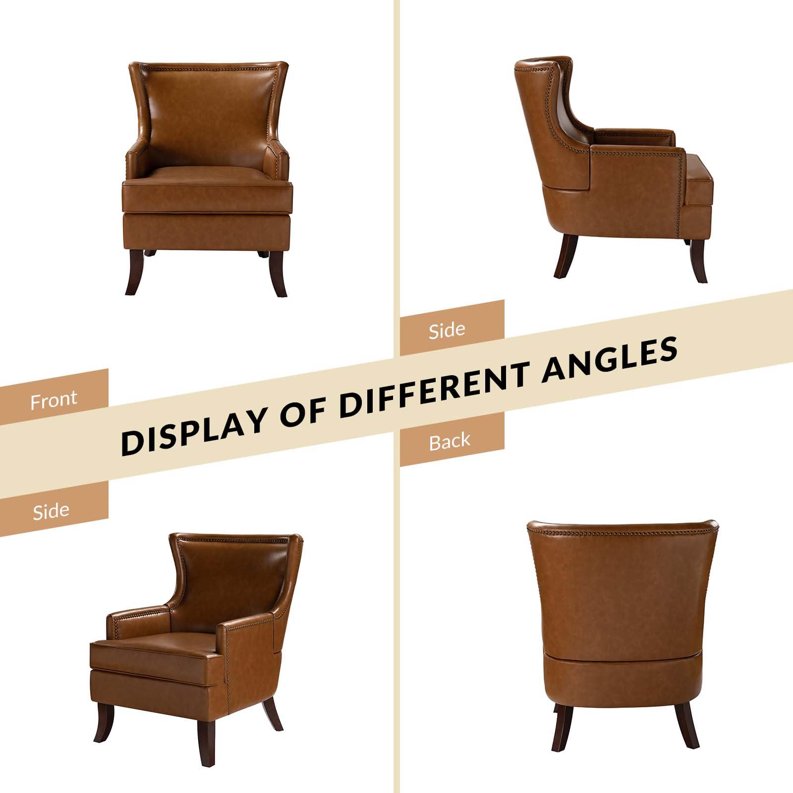 Modern Faux Leather Accent Chairs Set of 2 - Wingback Armchairs with Nailhead Trim & Wooden Legs for Living Room, Bedroom, Office - Brown PU Leather Upholstered Sofa Chairs | Perfect for Reading Nook, Guest Seating & Home Decor