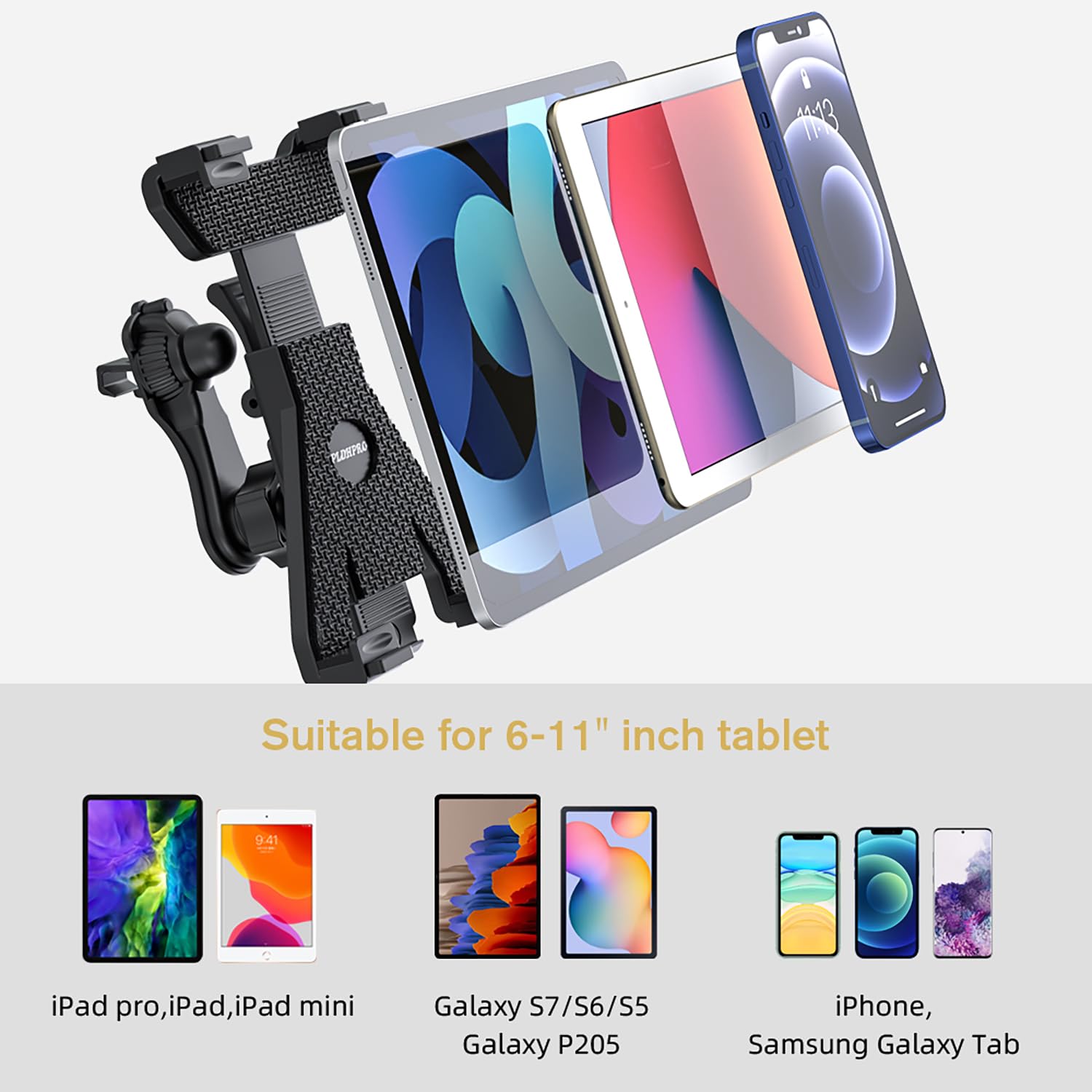 PLDHPRO Adjustable Car Tablet Holder Mount for 6-11 Inch Tablets - Universal Dashboard, Air Vent & Windshield Stand with Suction Cup - Compatible with iPad, Galaxy Tab, Z Fold - Perfect for Road Trips, GPS Navigation & Entertainment in Cars & Trucks