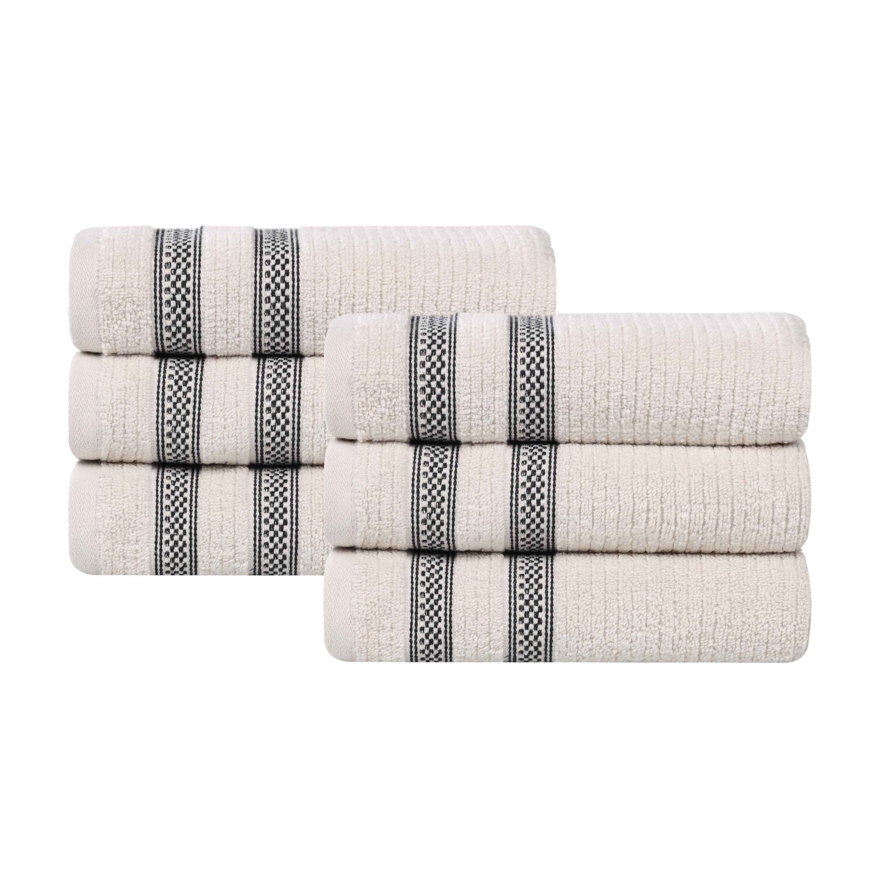 Premium Zero Twist Cotton Ribbed Geometric Border Plush Hand Towel Set of 6 - Ultra Soft & Absorbent Bathroom Towels for Guest Bath, Kitchen, Spa, and Luxury Home Decor