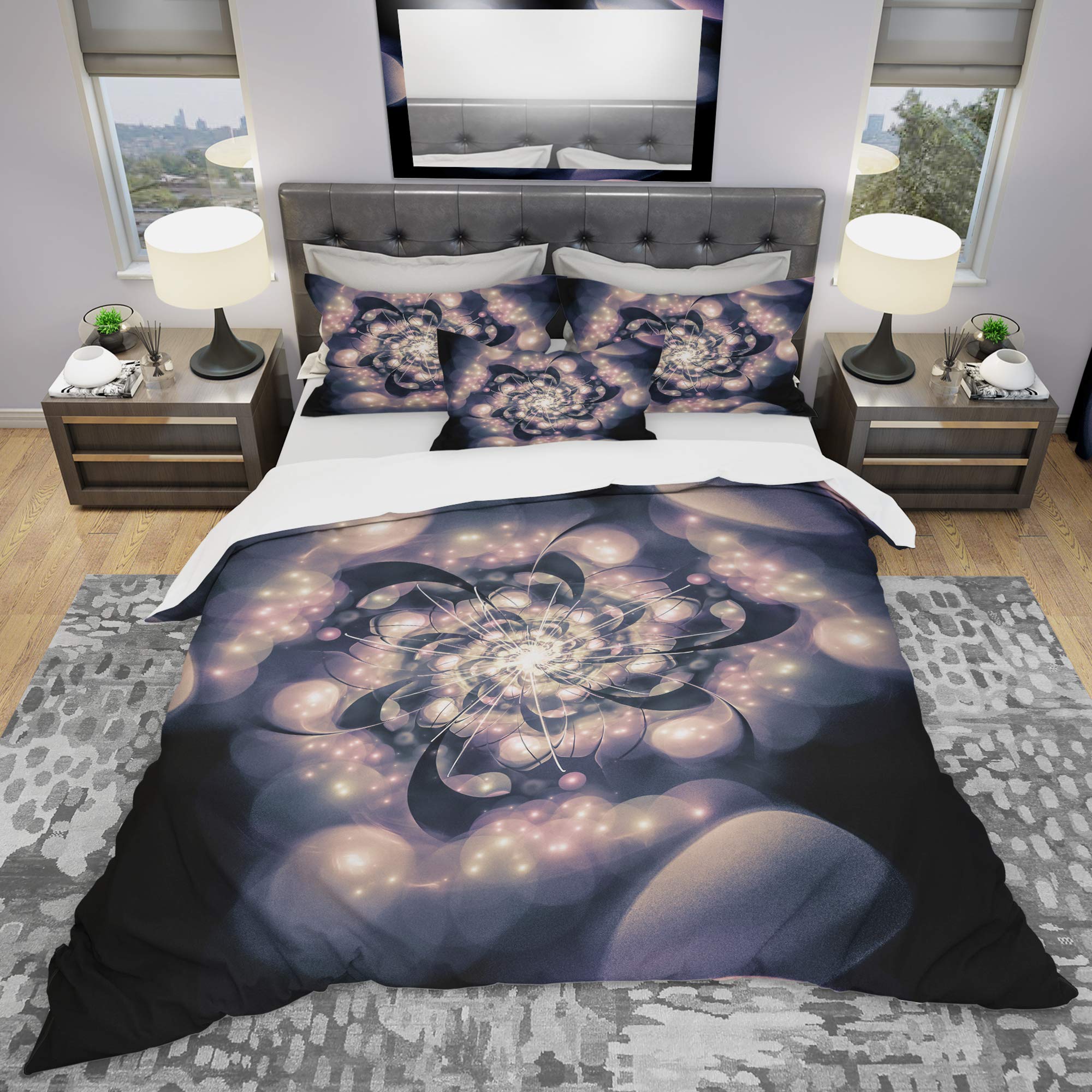 Light Blue Fractal Flower Duvet Cover Set Queen - 3 Piece Floral Bedding | Nautical & Coastal Design for All Seasons | Perfect for Beach House, Guest Room & Master Bedroom Decor