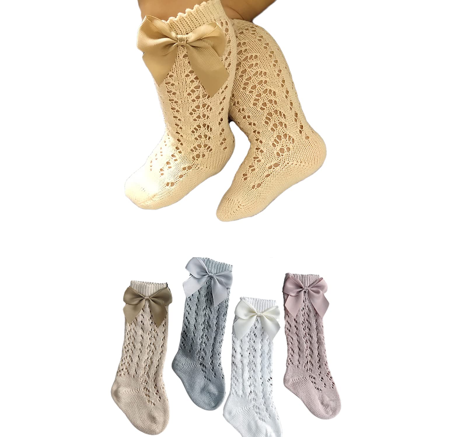 4-Pack Baby Girls Knee High Socks - Soft Cotton Bow Knit Socks for Infants & Toddlers - Cute Ruffled Stockings for Everyday Wear & Special Occasions