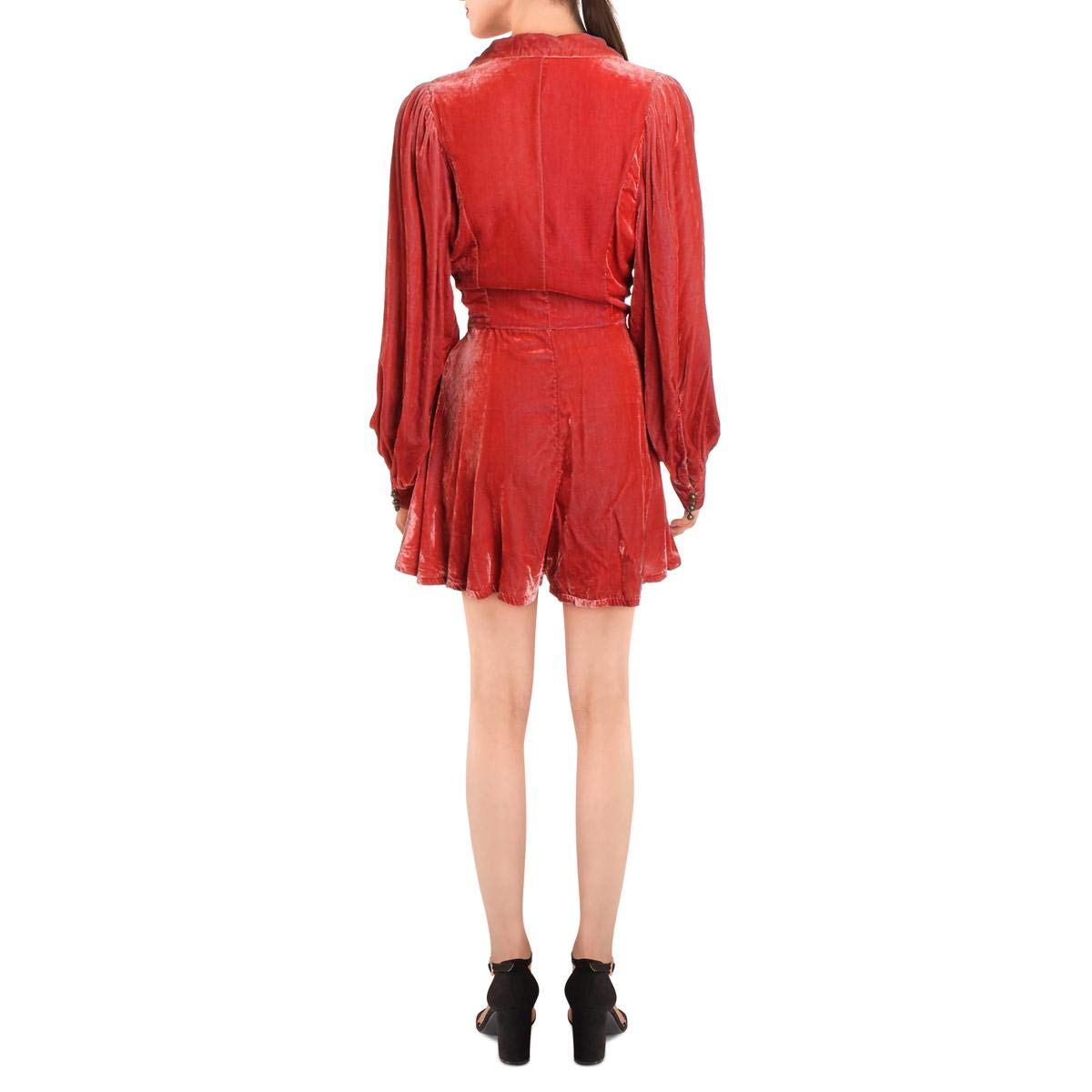 Free People Women's Carnaby Velvet Puff Sleeve Romper Jumpsuit - Orange Size 12 | Soft Velvet Fabric, Flowy Puff Sleeves | Perfect for Date Night, Parties & Special Occasions