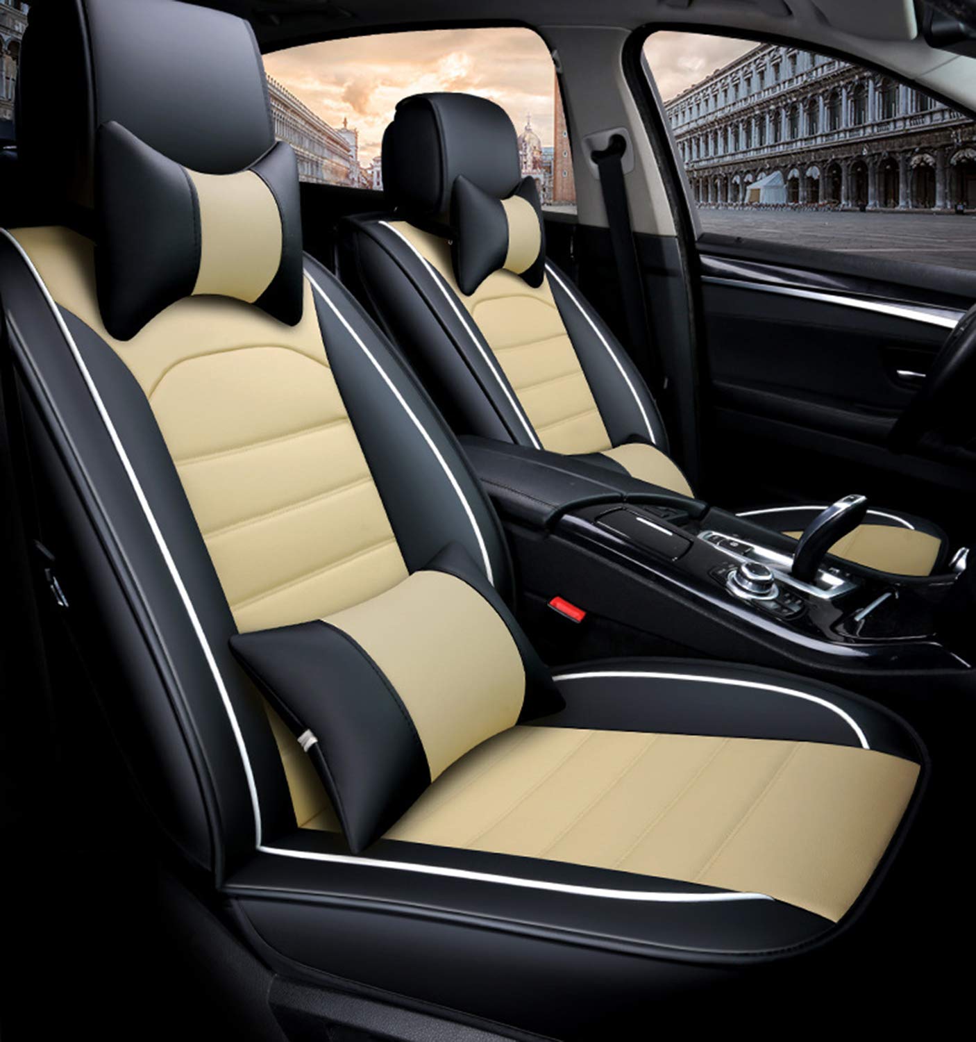 YUYTIN Universal Fit 5-Seat Car Seat Covers - Waterproof PU Leather Front & Rear Cushion Protectors with Headrest & Lumbar Support Pillows for Sedan, SUV, Minivan - Perfect for Road Trips, Daily Commute & Family Travel