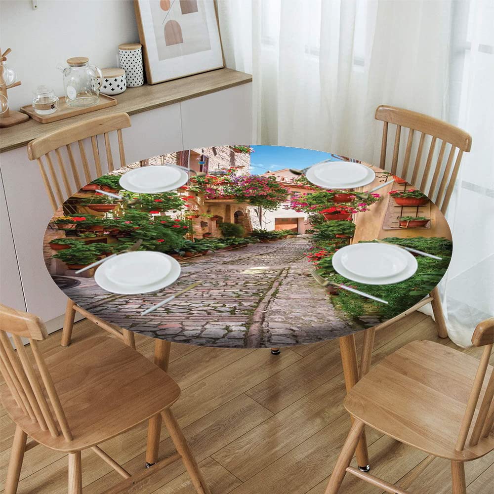 Round Fitted Tablecloth with Elastic Edge - Tuscan Pattern in Ivory, Green & Red - Fits 45