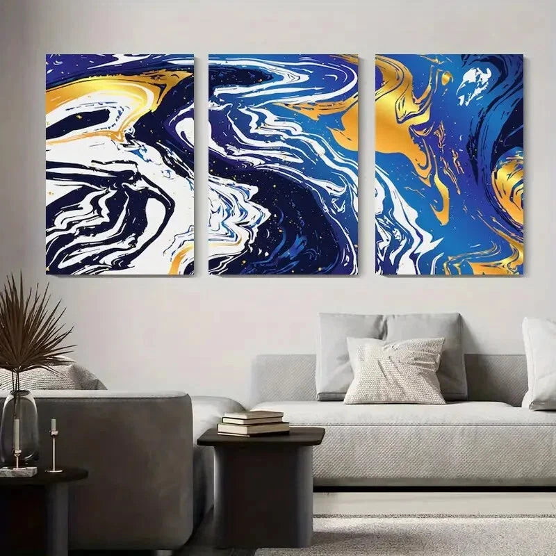 3-Piece Abstract Blue and Gold Marble Metal Wall Art - Ready to Hang Modern Home Decor for Living Room, Bedroom & Office