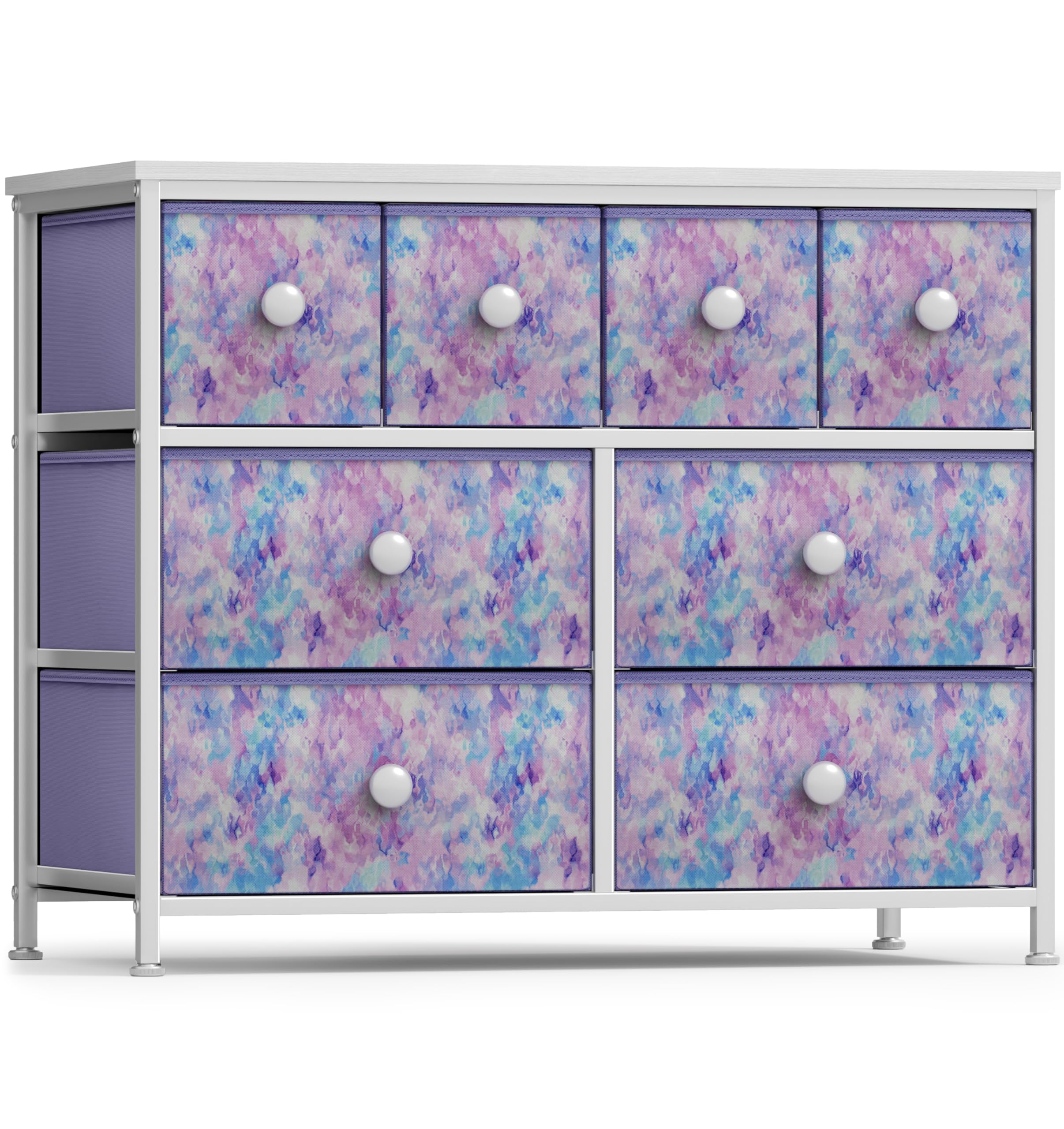 Sorbus 8-Drawer Fabric Dresser for Kids - Sturdy Steel Frame Storage Tower with Fabric Bins, Tie-Dye Purple Knob Handle | Perfect for Bedroom, Nursery, Playroom & Closet Organization