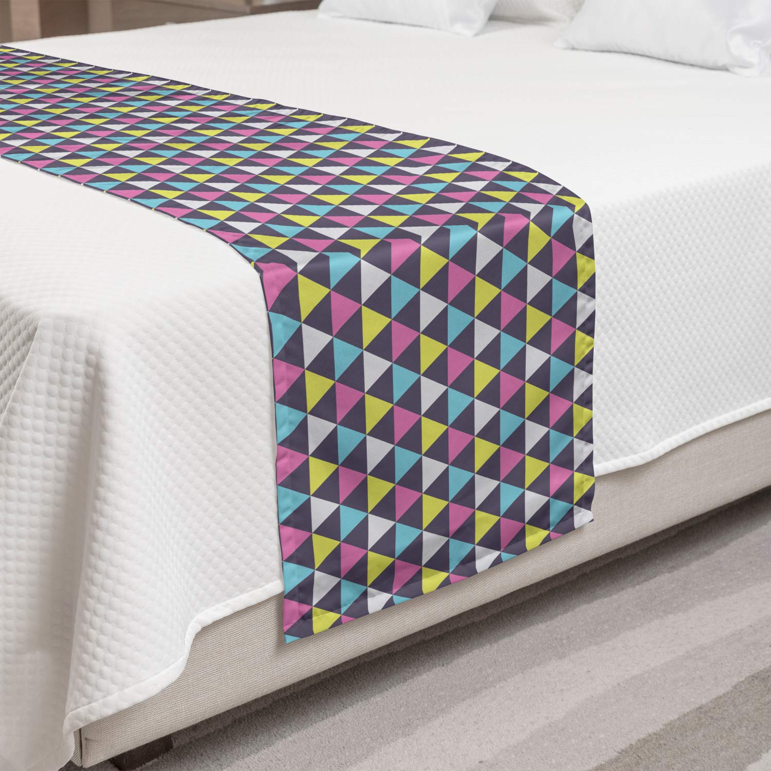 Ambesonne Geometric Bed Runner - Colorful Triangle Symmetrical Design Modern Art Bed Scarf | Decorative Accent for King Beds in Purple Grey & Multicolor | Perfect for Hotels, Homes & Guest Room Decor