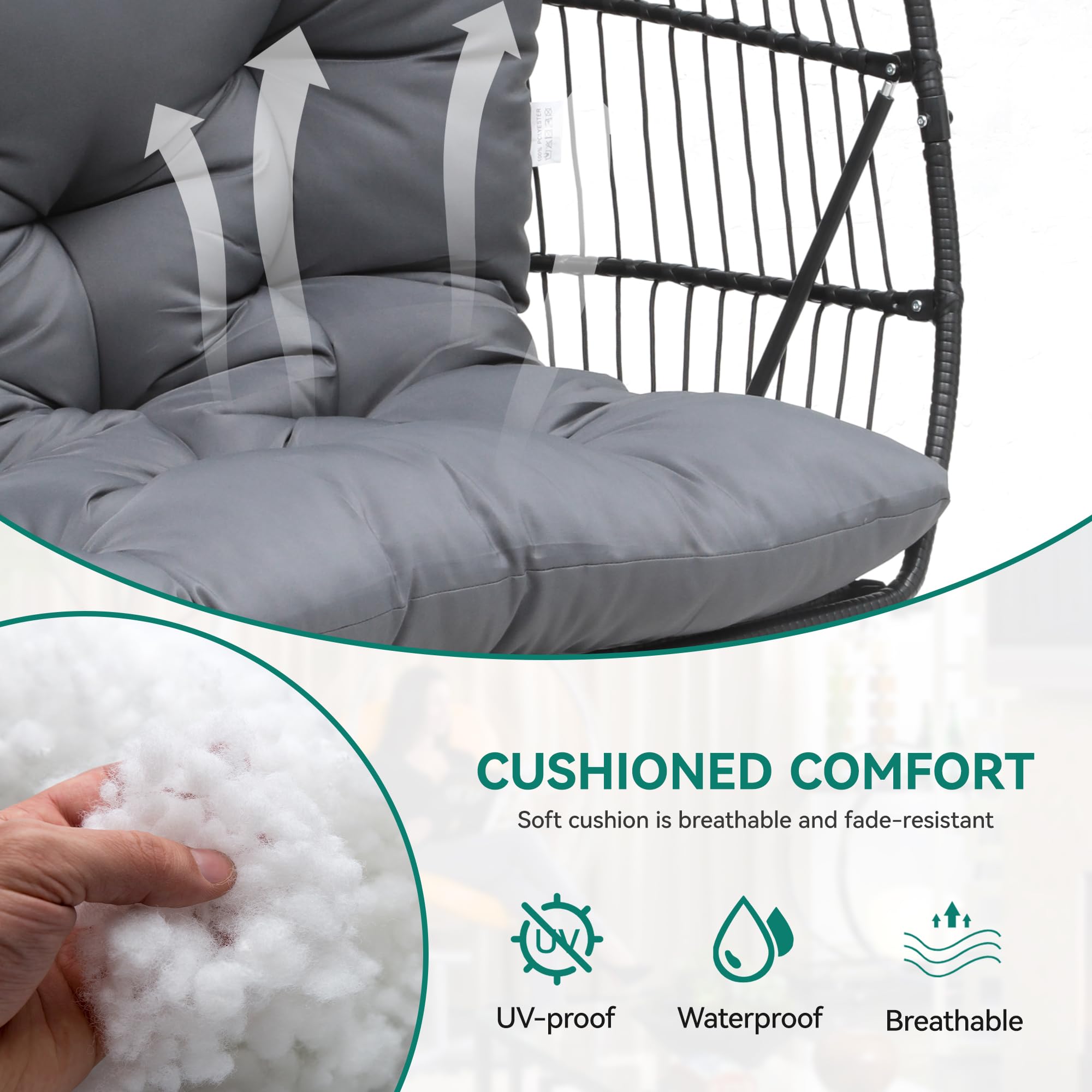 YITAHOME Hanging Egg Swing Chair with Stand - 550lbs Capacity Wicker Egg Chair for Indoor & Outdoor Use - Includes Cushions & Stand - Perfect for Patio, Garden, Balcony, Bedroom - Dark Gray | Relaxation & Boho Home Decor