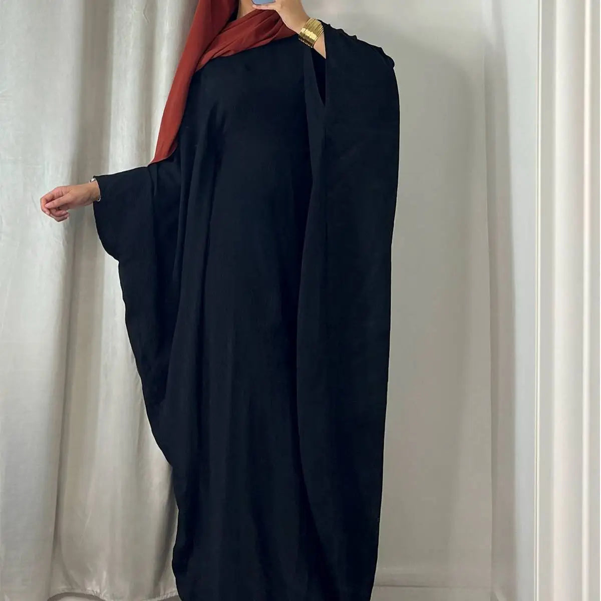 Wrinkle-Free Fabric Batwing Sleeve Farasha Abaya Dress with Inner Belt - Elegant Muslim Women's Prayer Dress for Special Occasions & Daily Wear