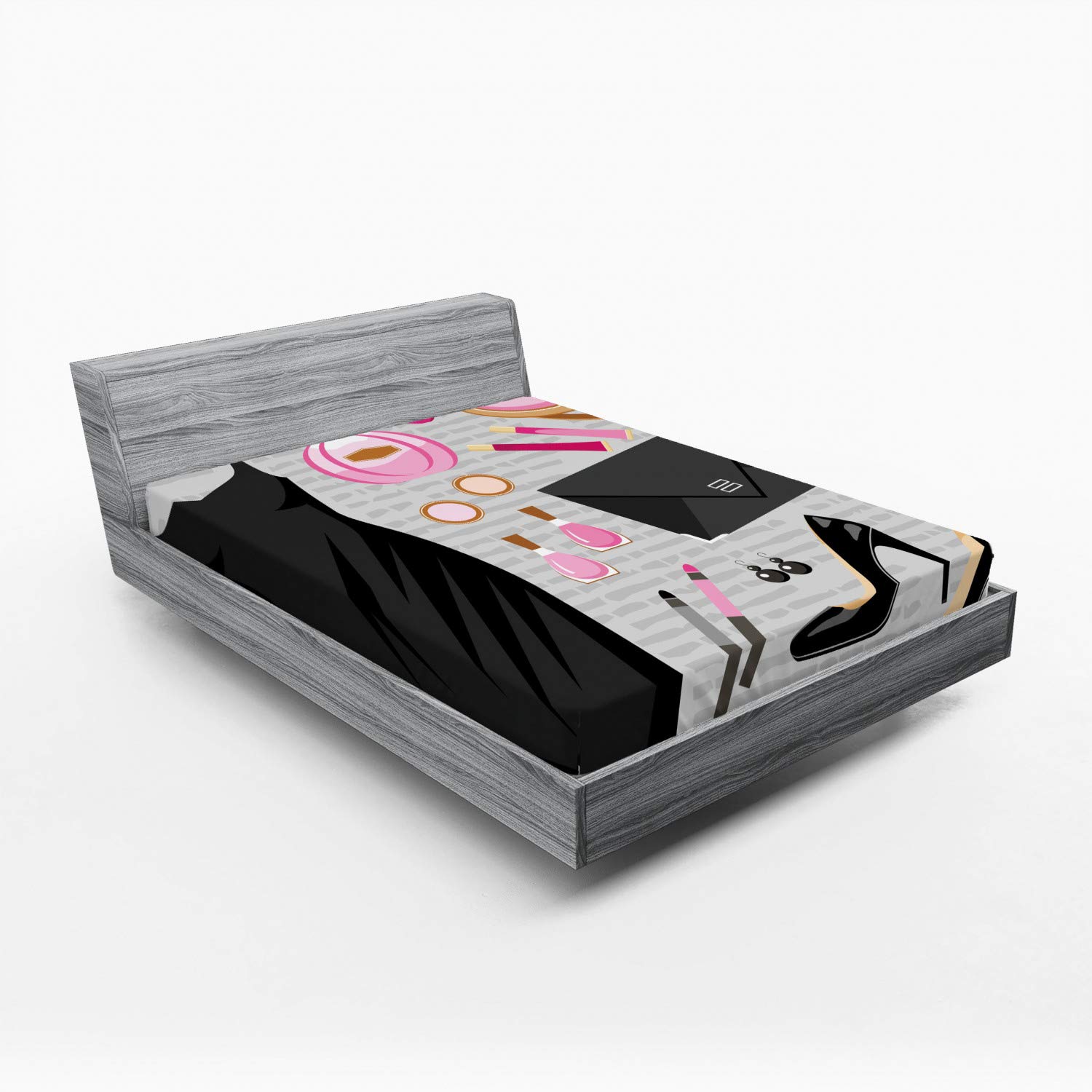 Ambesonne Queen Size Fitted Sheet with Deep Pockets - Black Cocktail Dress & Makeup Clutch Design - Soft Stretchable Bed Cover in Pale Brown & Pink | Perfect for Guest Rooms, Dorm Decor, and Luxury Bedding Sets