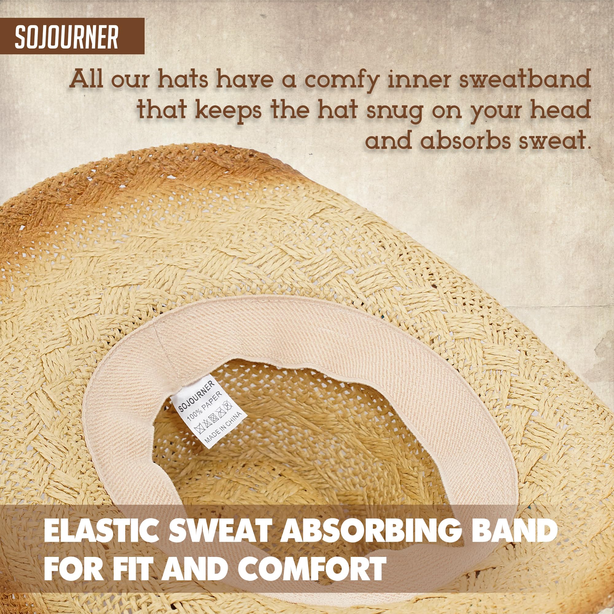 SoJourner Adjustable Cowboy Hat for Men & Women - Wide Brim Western Cowgirl Hat, Sun Protection Outdoor Rodeo Hat for Country Music Festivals, Horse Riding, and Ranch Work