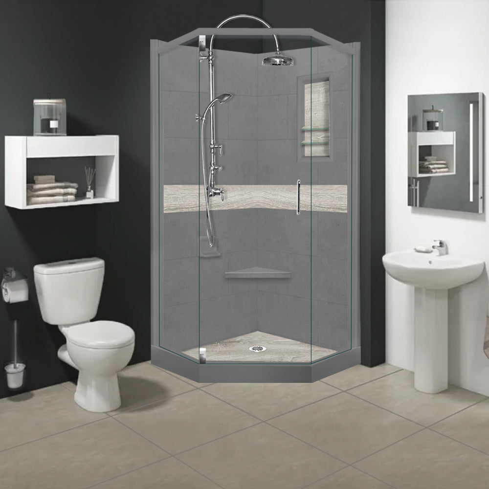 Neo Wet Cement Sistine Stone & Sterling Oak Wood DIY Shower Remodel Kit - Waterproof Bathroom Wall Panel for Easy Home Renovation | Perfect for Modern Bathroom Upgrades and Shower Surround Installation