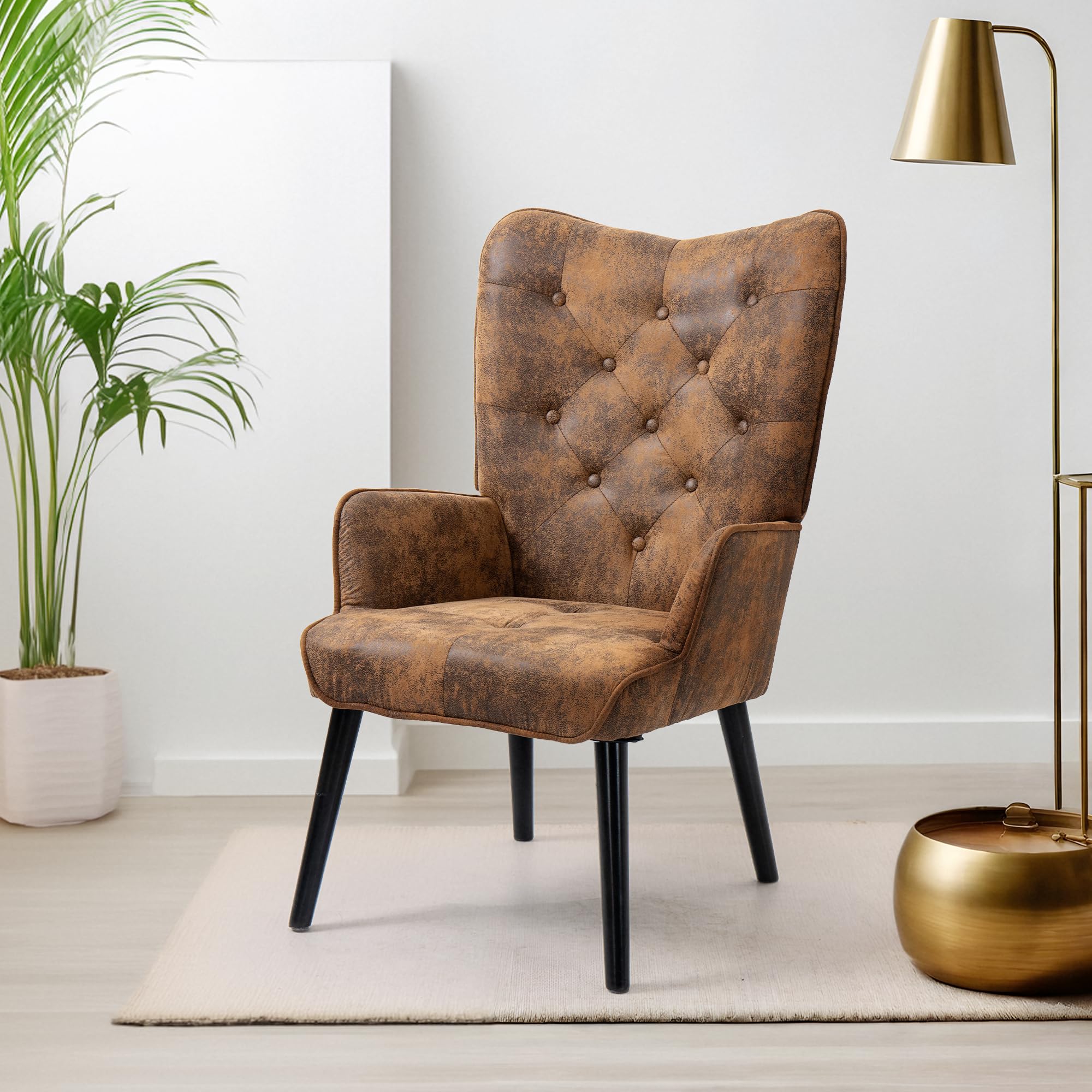 ECOTOUGE Rustic Accent Chair - Brown High Back Microfiber Wingback Armchair for Living Room & Bedroom - Perfect Reading Chair & Cozy Lounge Seating for Home Decor