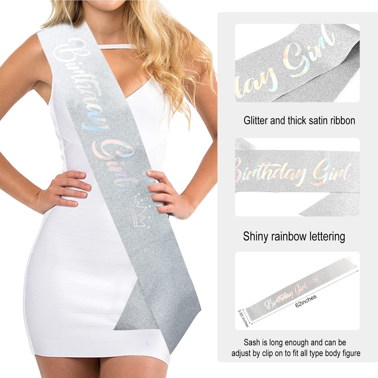 SuPoo Silver Birthday Crown & Sash Set for Women - Crystal Rhinestone Tiara with Comb, Elegant Headband for Birthday Parties, Bridal Showers & Special Events