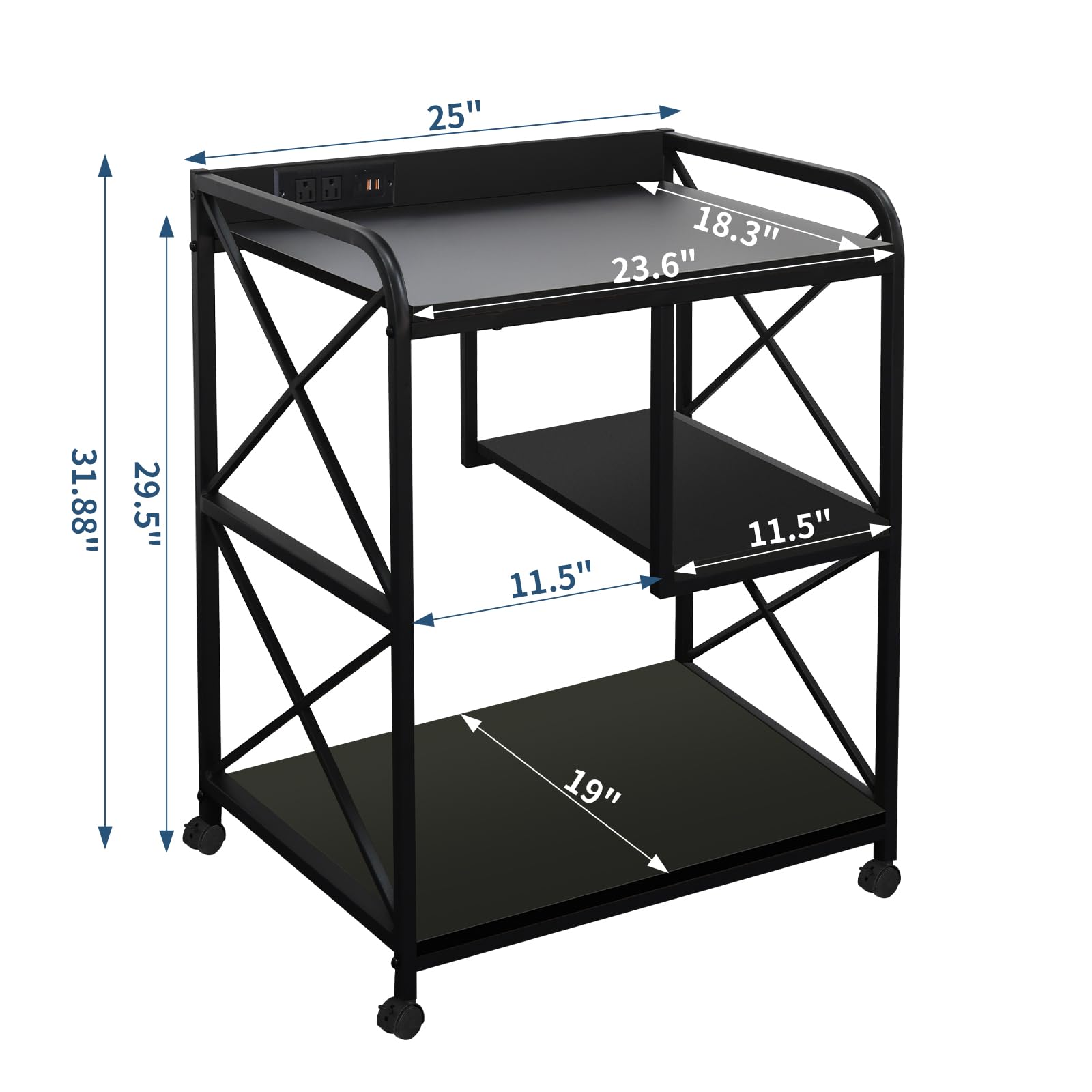 23 x 18 Inch Black Rolling Printer Stand with Storage Shelf & Power Outlet - Mobile Printer Cart with Wheels for Home Office, Workstation & Classroom Organization