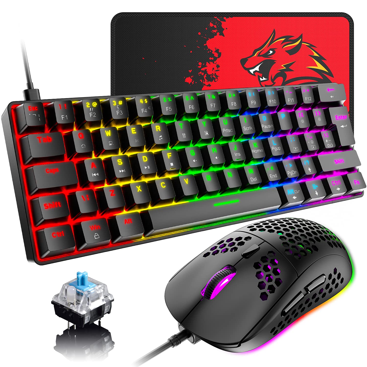 60% Wired Mechanical Gaming Keyboard & Mouse Combo - RGB Backlit for PC/Mac Gaming